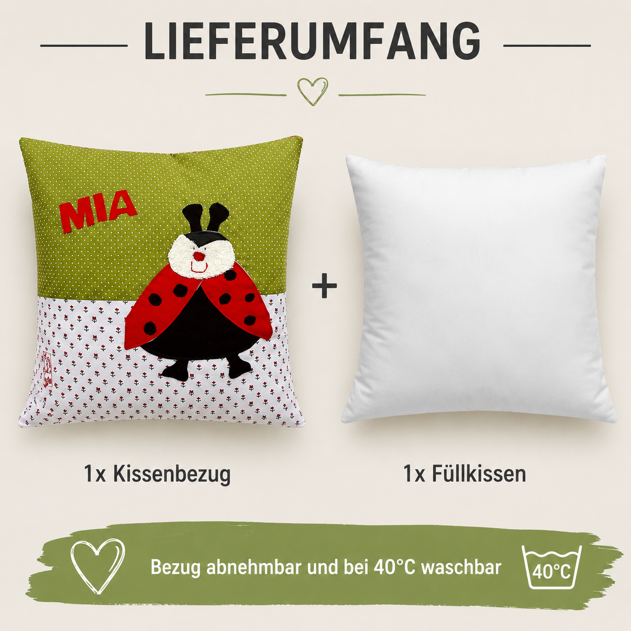 Kissen Marienkäfer personalisiert- Geschenk zur Geburt und Taufe| Handmade