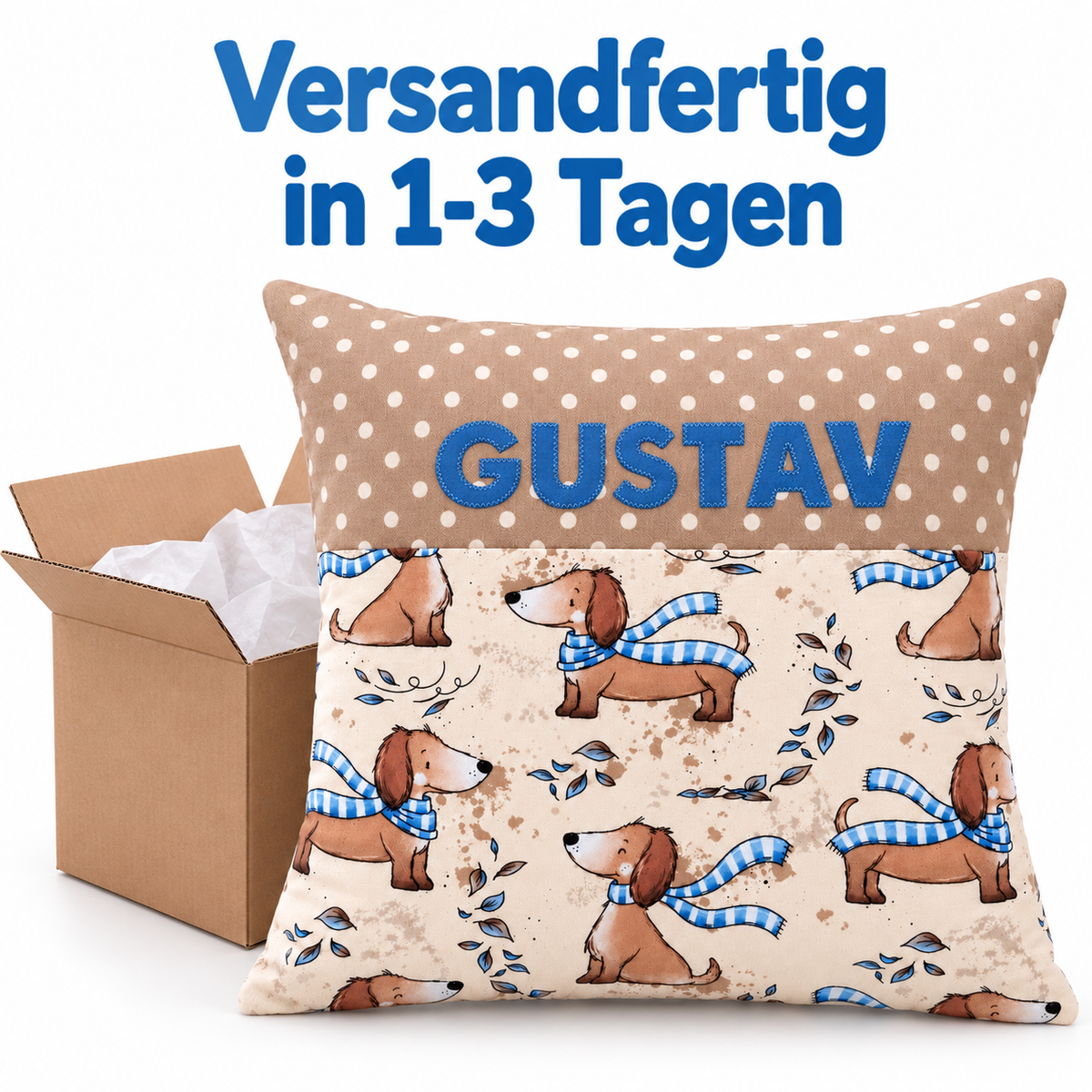 Dackelkissen mit Namen 40 × 40 cm – Geschenk für deinen Enkel