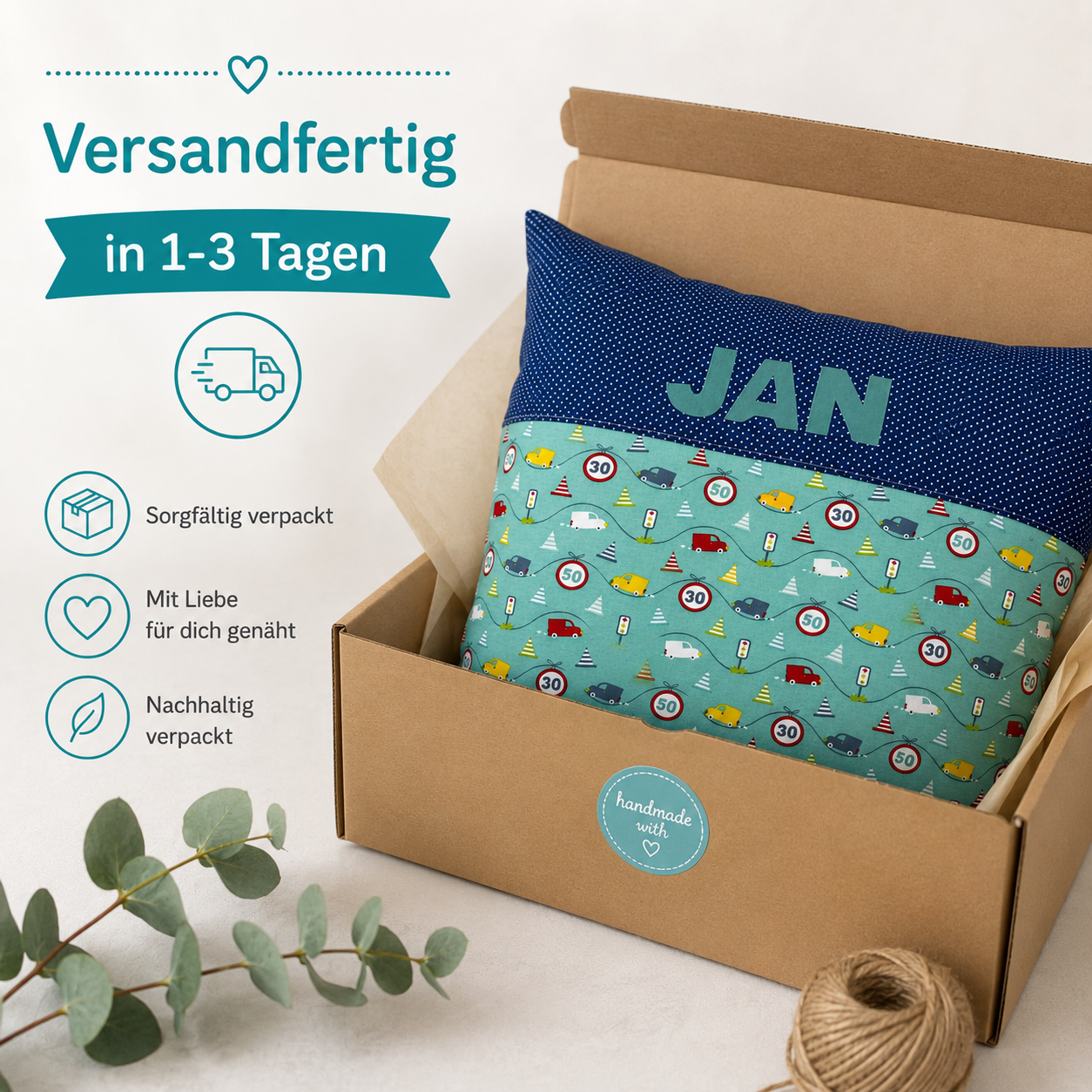 Kissen mit Namen Autos – Personalisiertes Kinderkissen für Jungen 40x40 cm