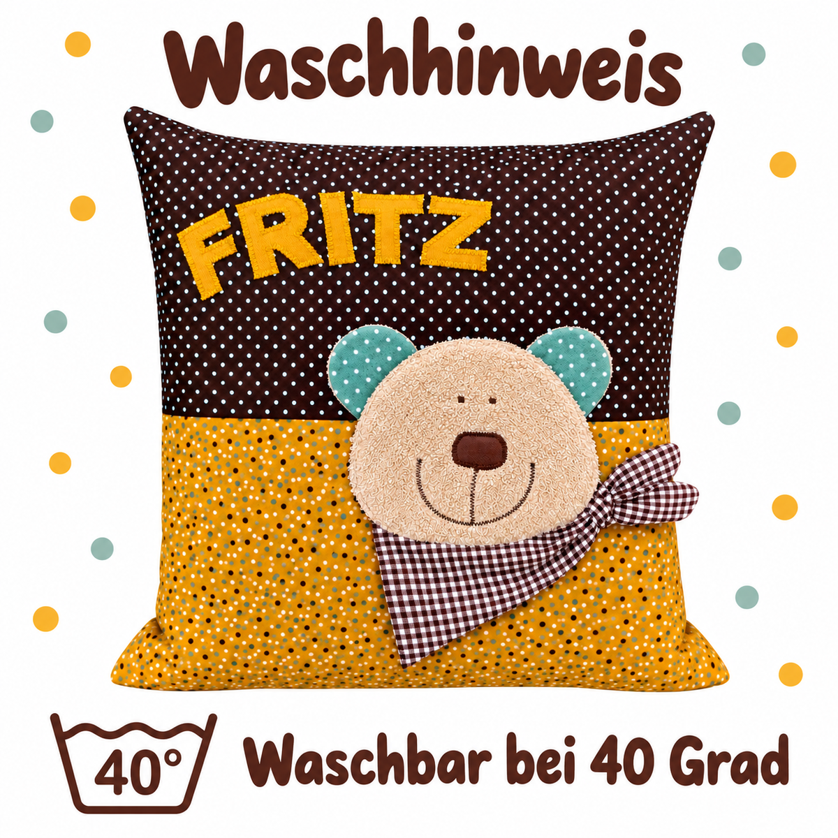 Bärenkissen mit Namen – personalisiertes Kissen Bär, 40 × 40 cm