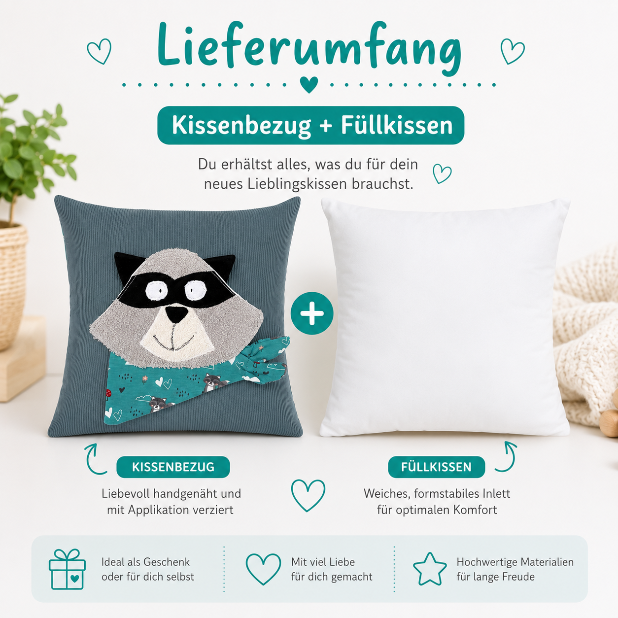 Reisekissen für Kinder Waschbär | Kissen 30x30 | Geschenk für Kindergartenstart
