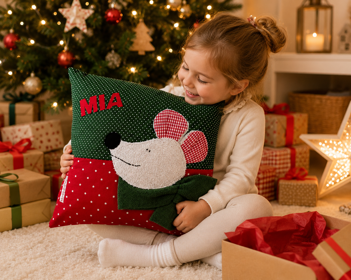 Kuschelkissen Maus personalisiert | Weihnachtsgeschenk für Kinder 40x40 cm