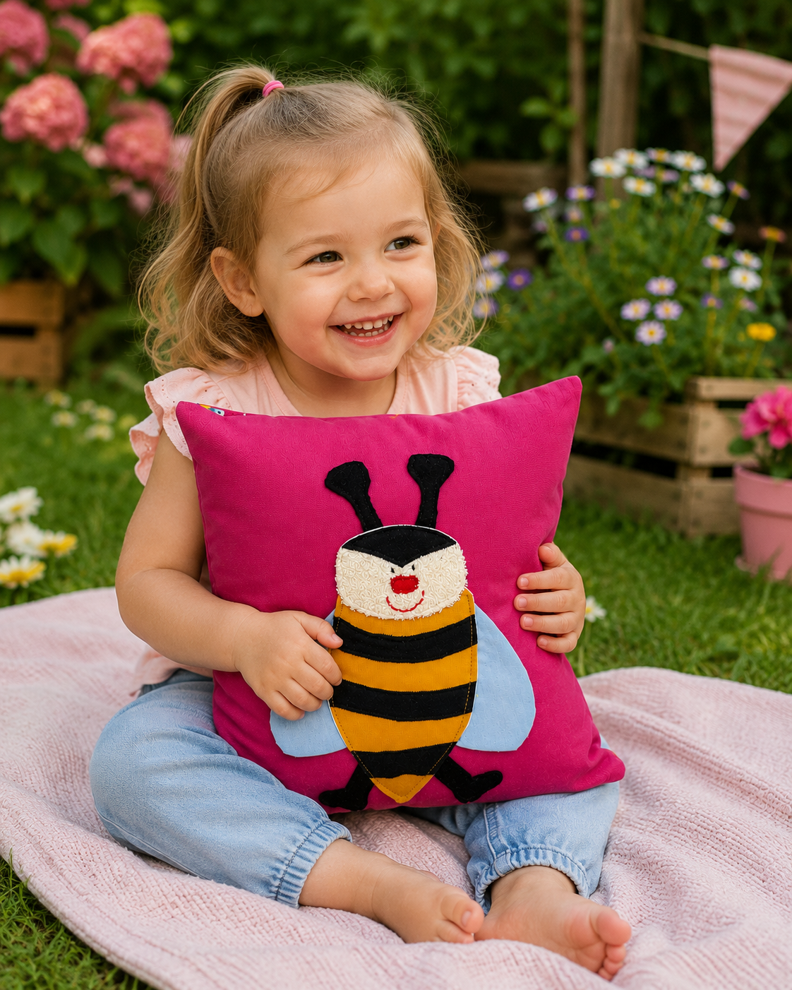 Reisekissen für Mädchen mit Biene – Kuschelkissen Pink 30x30 cm | Handgemachtes Kinderkissen