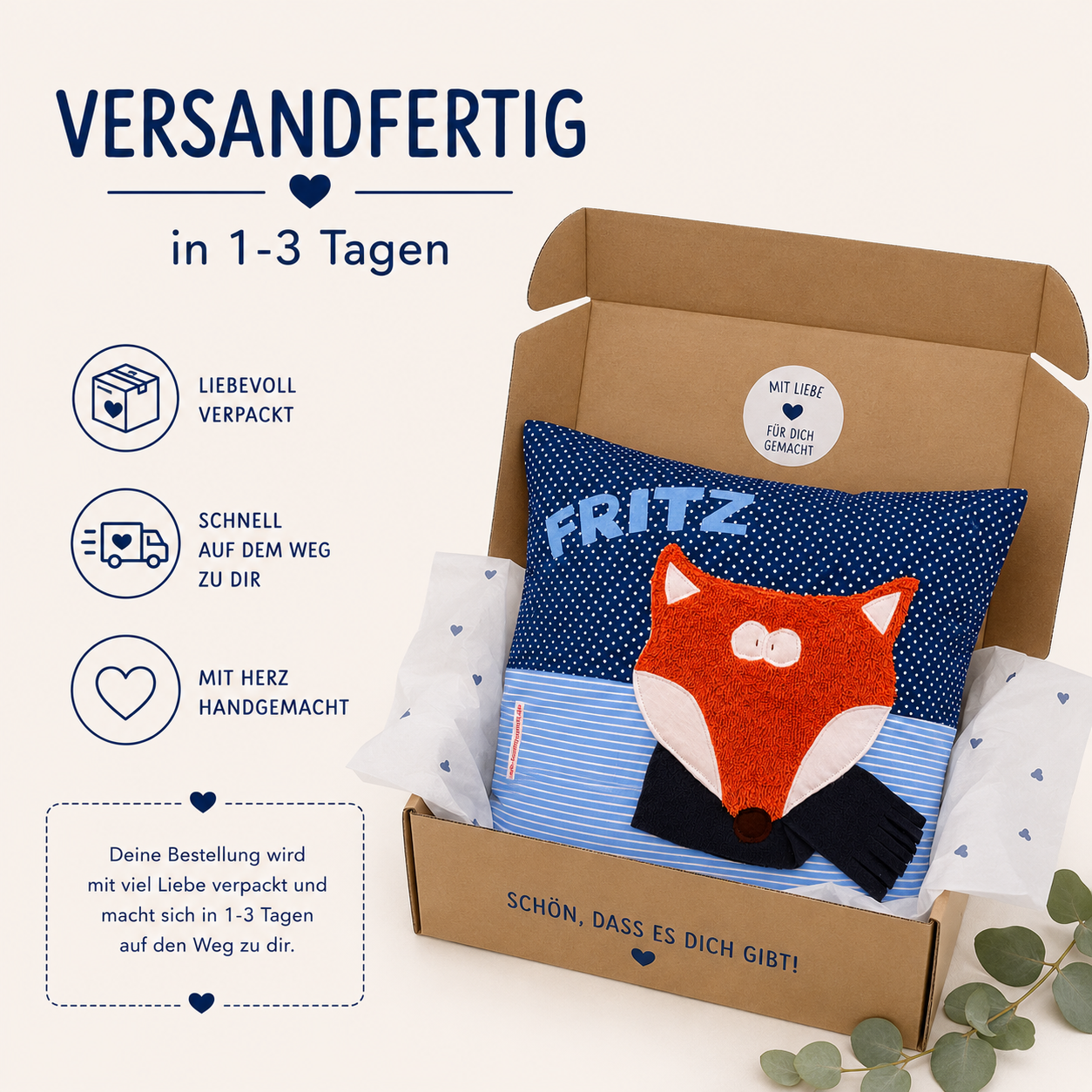 Personalisiertes Fuchskissen mit Namen | Weihnachtsgeschenke für Jungs