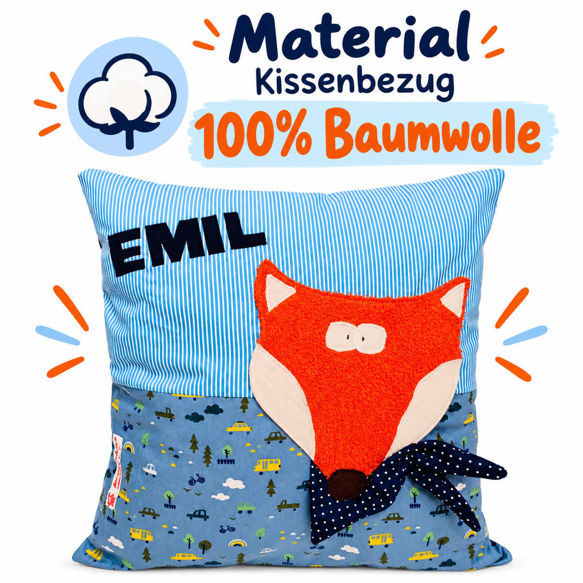Fuchskissen mit Namen – personalisiertes Kinderkissen 40×40 cm