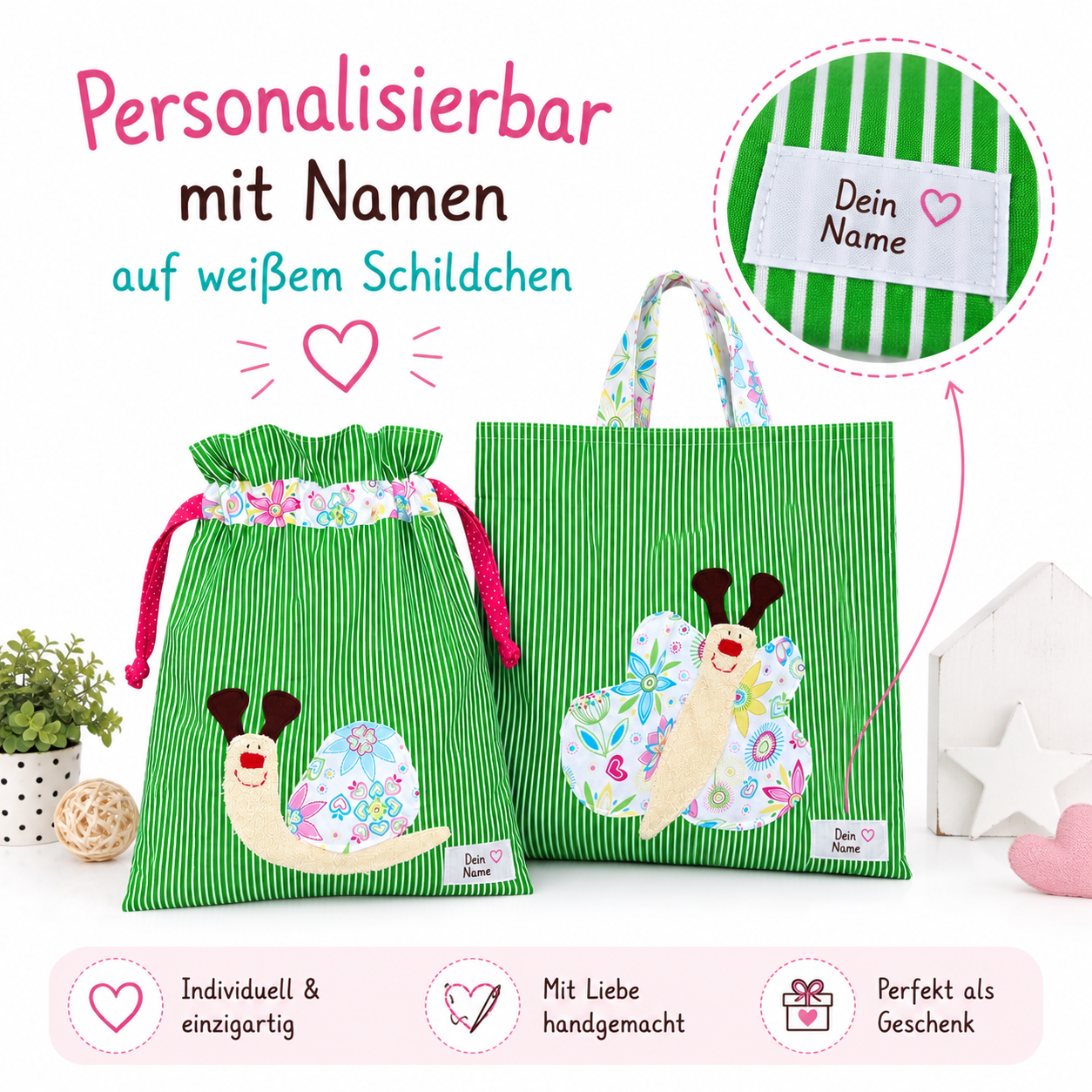 Wetbagset Mädchen Schnecke & Schmetterling – Kindergartenset mit Namen