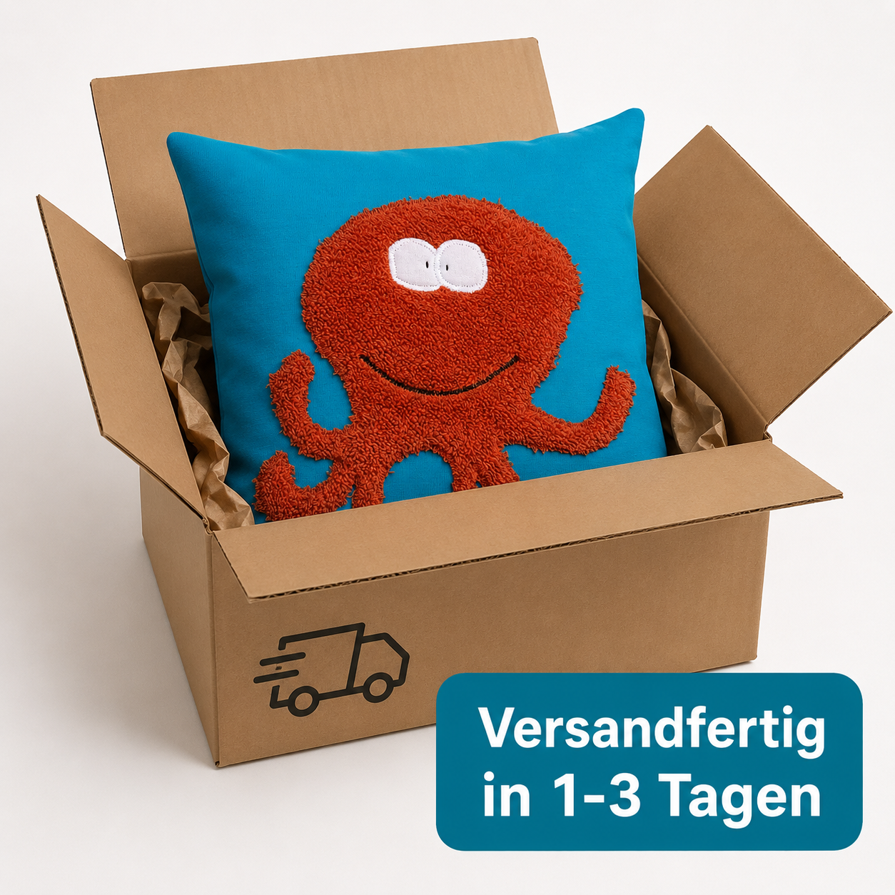Reisekissen Tintenfisch 30x30 cm – Handgenähtes Kinderkissen für Auto, Urlaub & Ausflüge