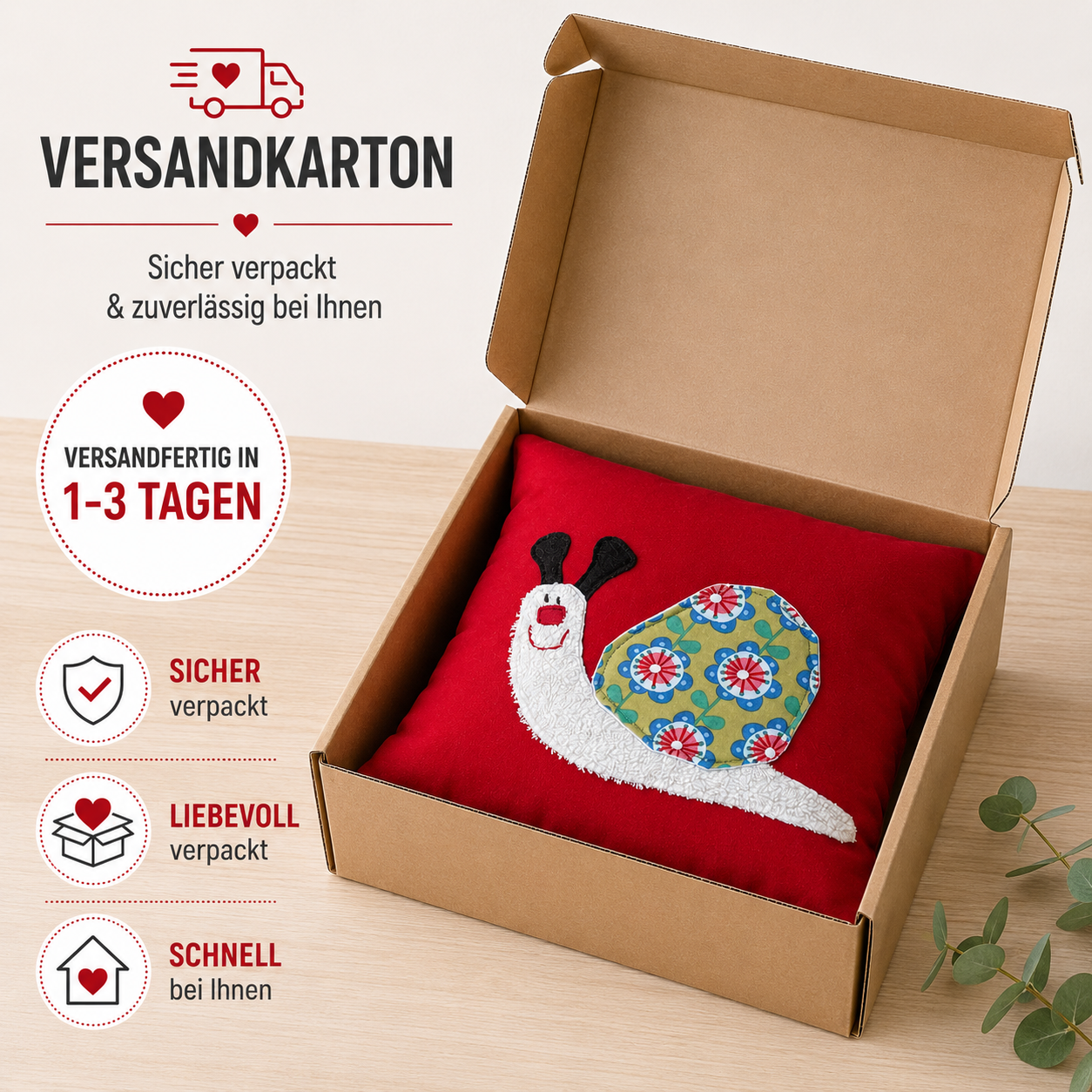 Reisekissen Schnecke Rot für Kinder – Kuschelkissen für Auto, Urlaub & Kindergarten