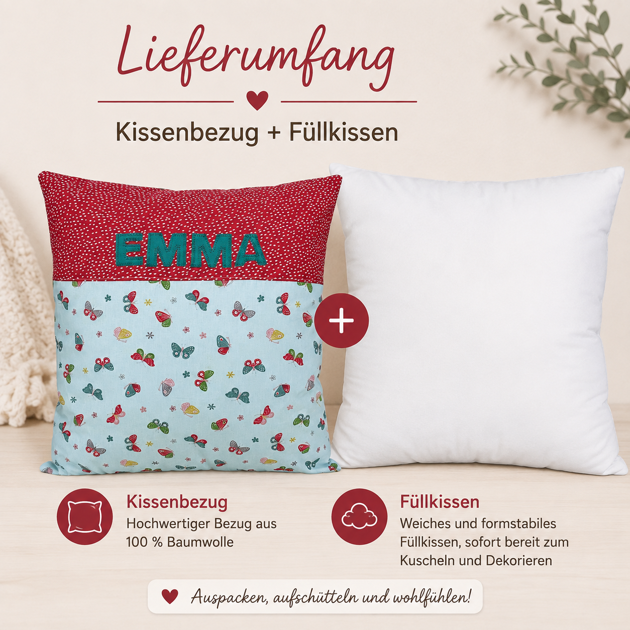 Personalisiertes Kissen Schmetterling mit Name 40x40 cm – Kuschelkissen für Mädchen | Geschenk zum Geburtstag & Weihnachten
