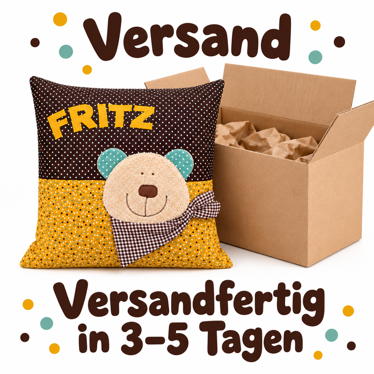 Bärenkissen mit Namen – personalisiertes Kissen Bär, 40 × 40 cm