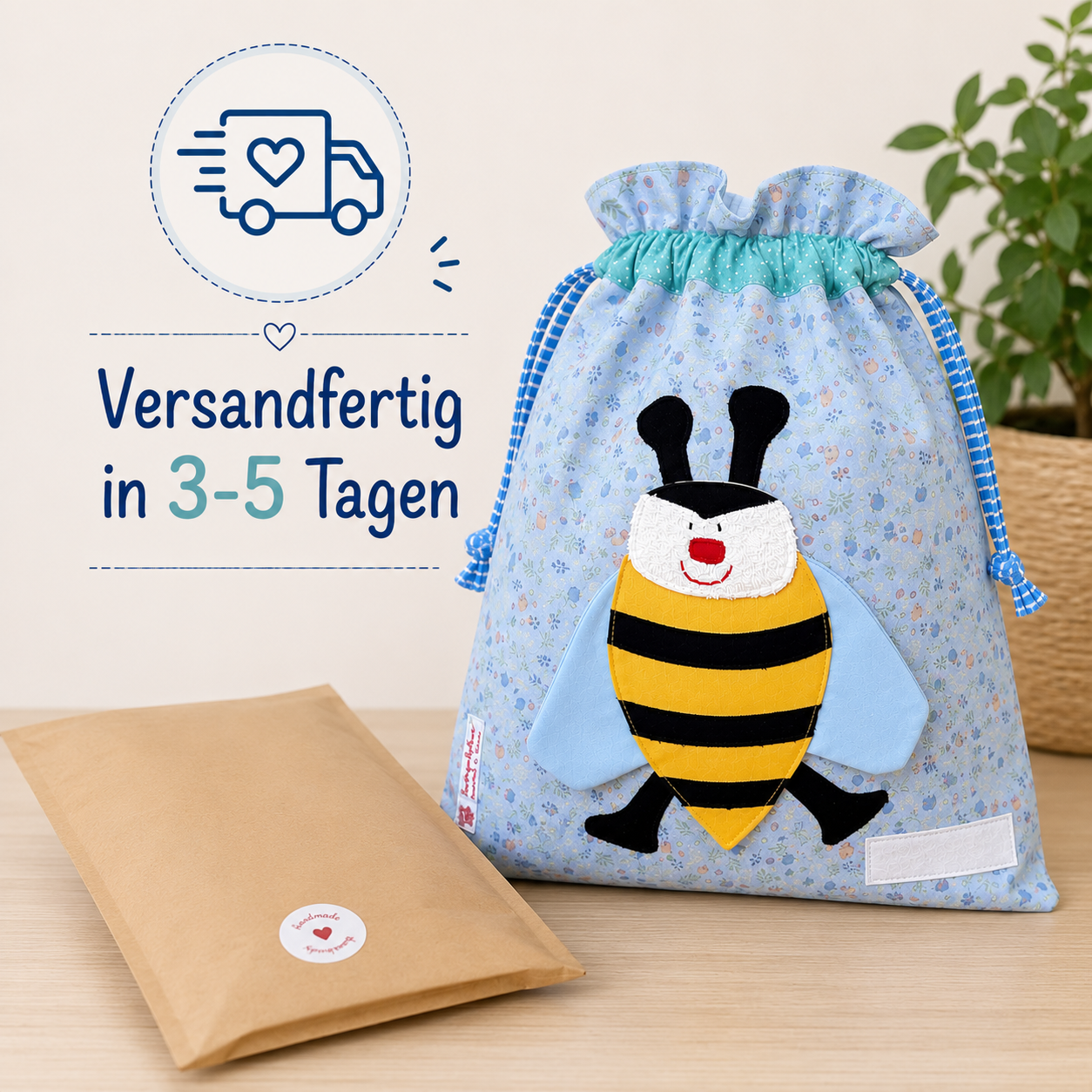 Wetbag „Biene“ – handgemacht, wasserabweisend, ideal für Kita, Sport & Reisen