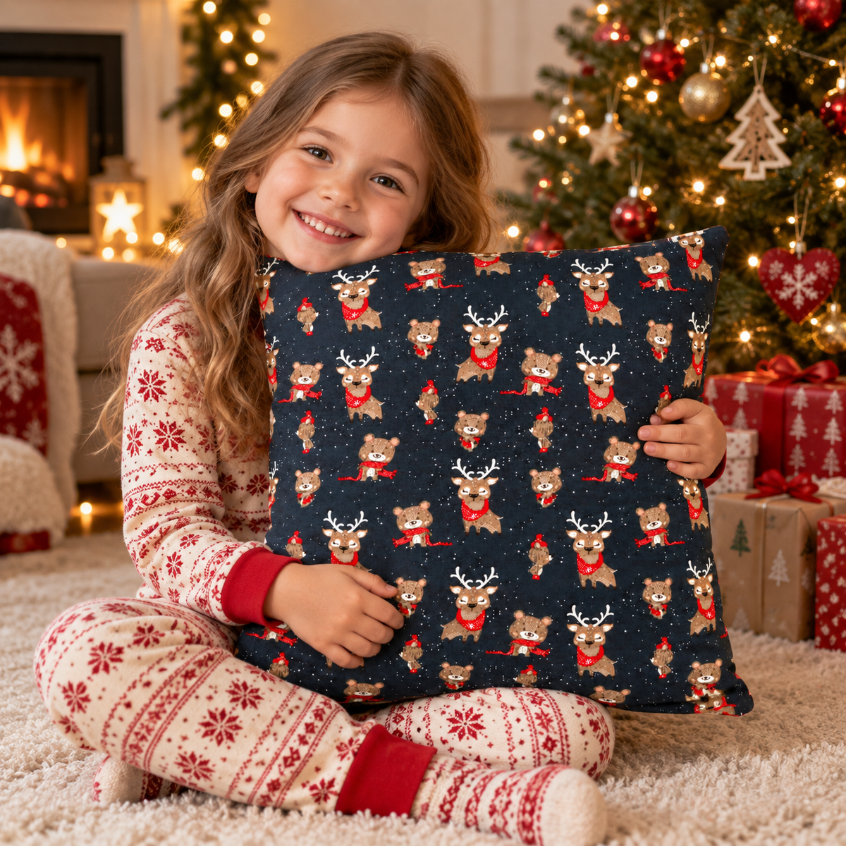 Weihnachtskissen für Kinder 40 × 40 cm – Bär & Rentier