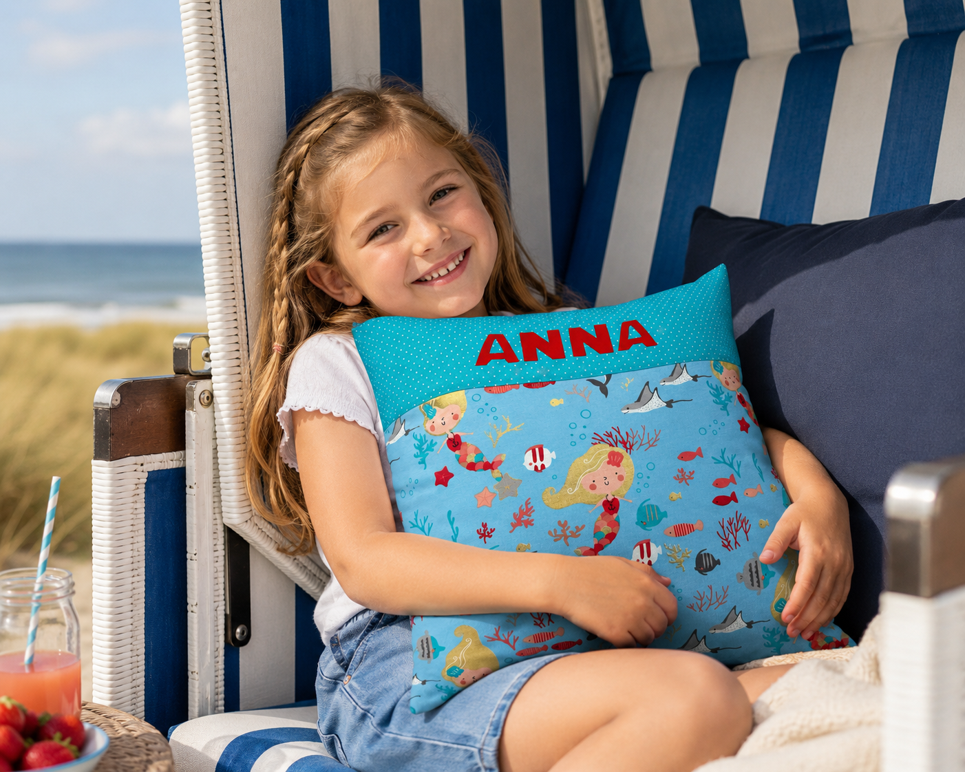 Meerjungfrau Kissen mit Namen personalisiert – Kinderkissen 40x40 cm aus Baumwolle