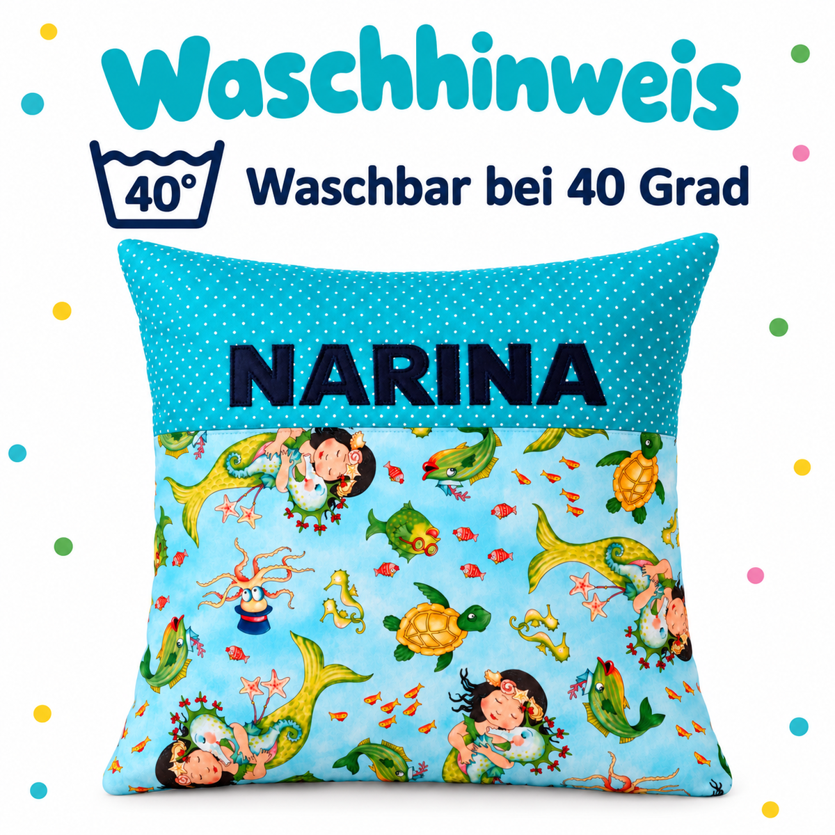 Meerjungfrau-Kissen mit Namen – personalisiert, 40 × 40 cm