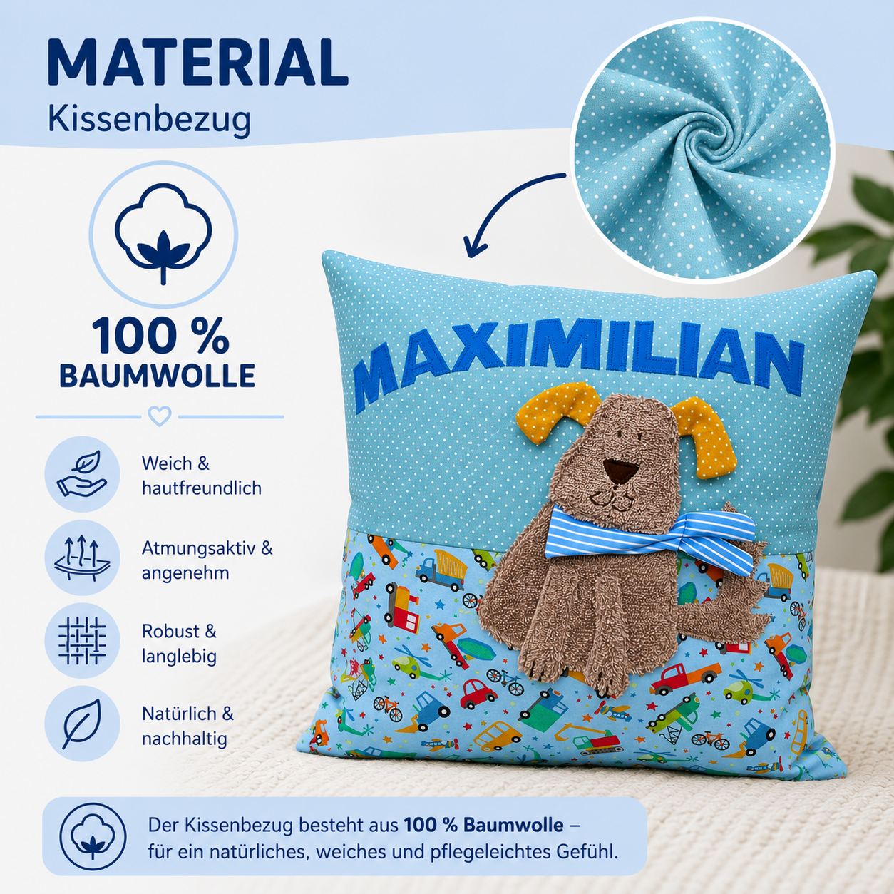 Kissen Hund mit Namen Hellblau Fahrzeuge – Personalisiertes Kinderkissen 40x40 cm | Geschenk zur Geburt