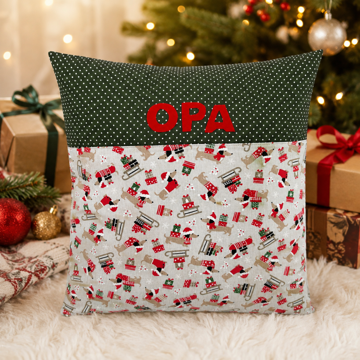 Weihnachtskissen für Opa mit Dackel – personalisierbar