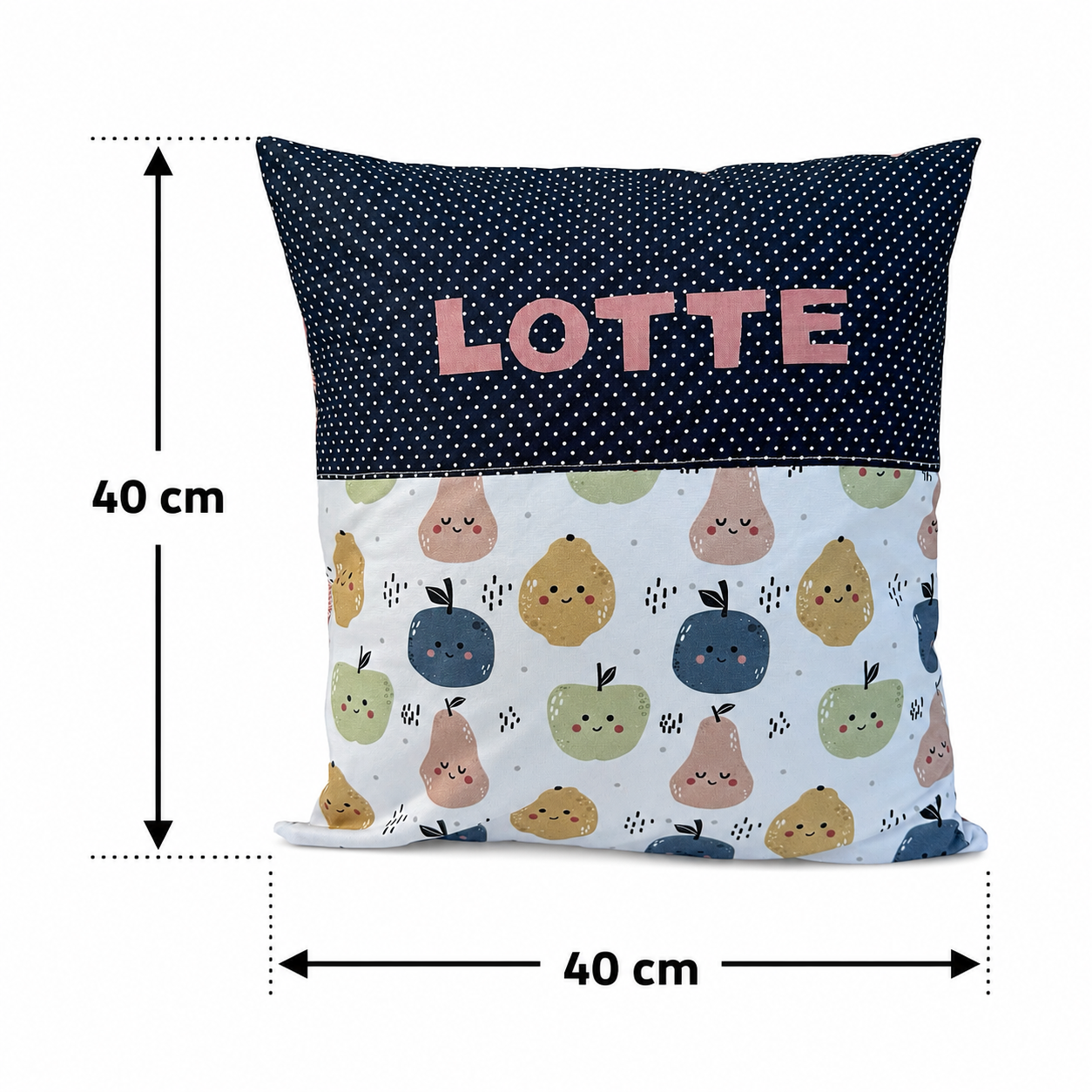 Kissen mit Namen Früchte | Personalisiertes Kinderkissen 40x40 cm | Geschenk für Kinder