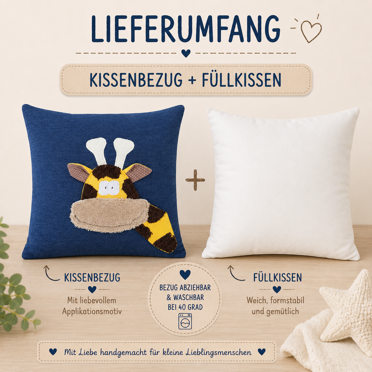 KINDERKISSEN Giraffe | Handgemachtes Reisekissen für Kinder 30x30