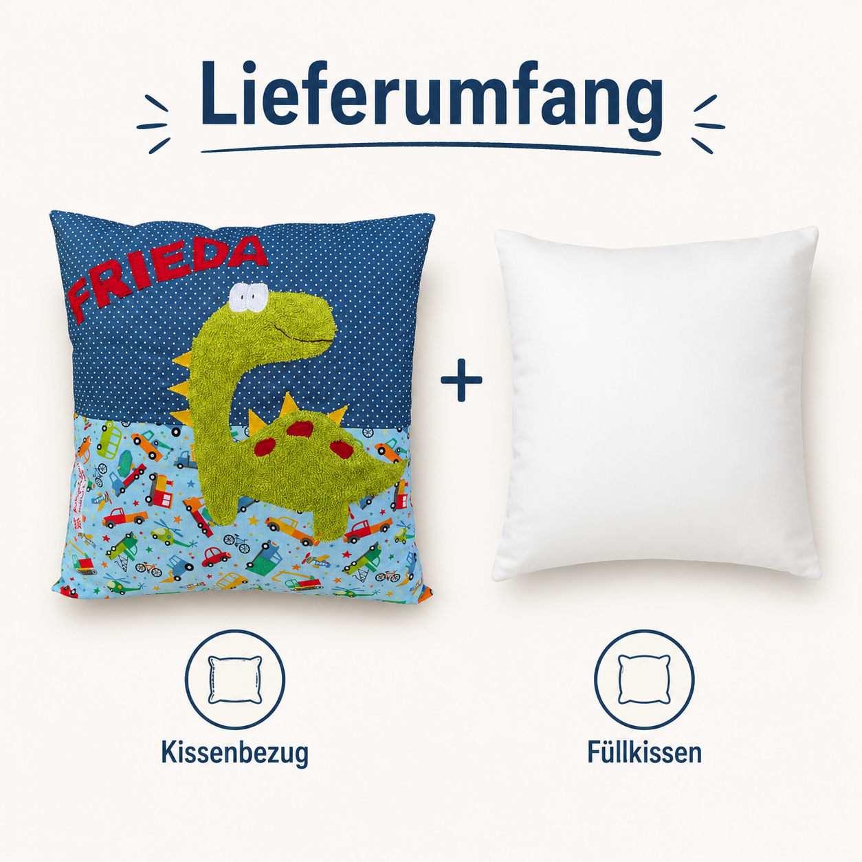 Personalisiertes Kinderkissen Dino mit Namen - handmade Geschenk zur Geburt & Taufe