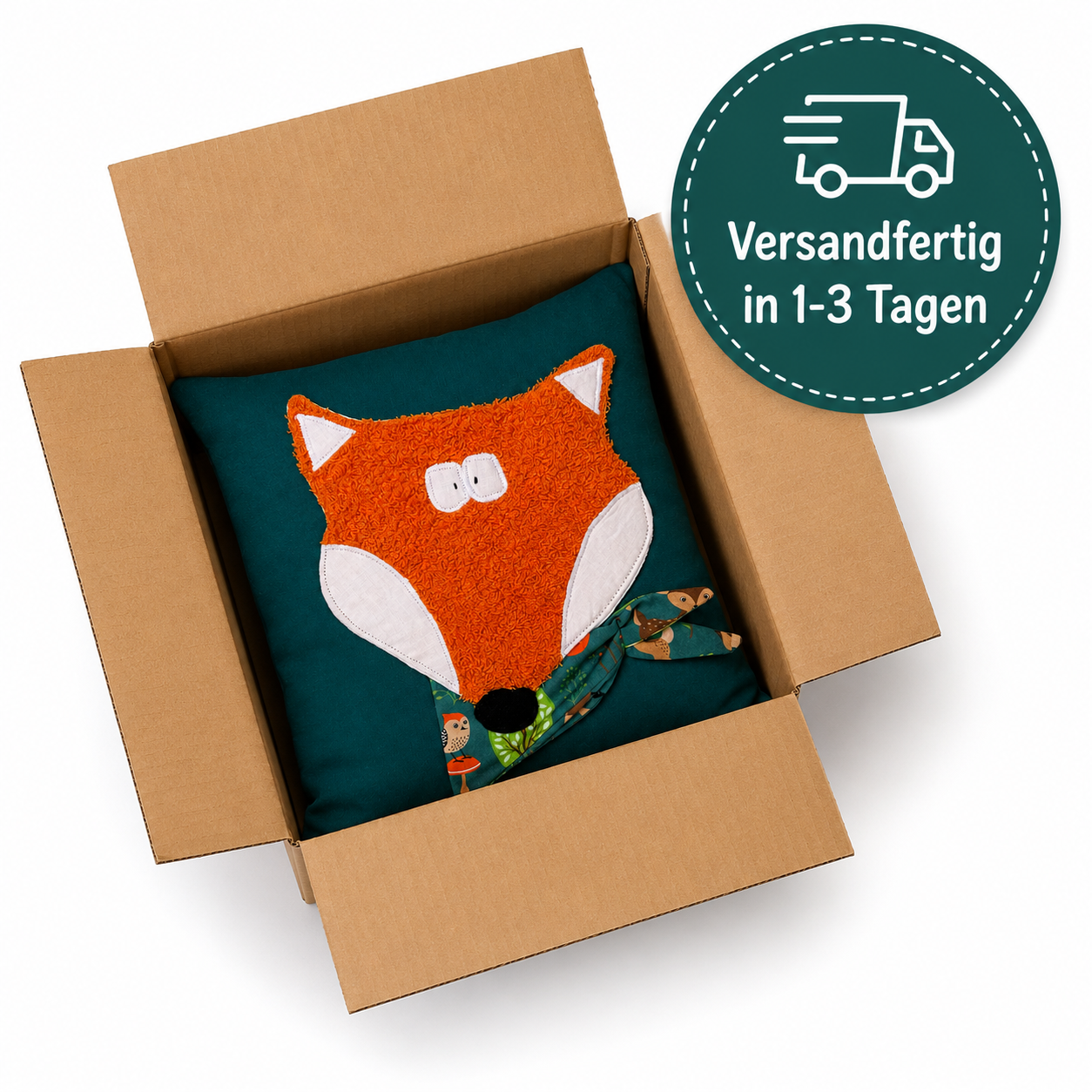 Reisekissen Fuchs 30x30 cm – Handgemachtes Kinderkissen für Auto, Urlaub & Ausflüge