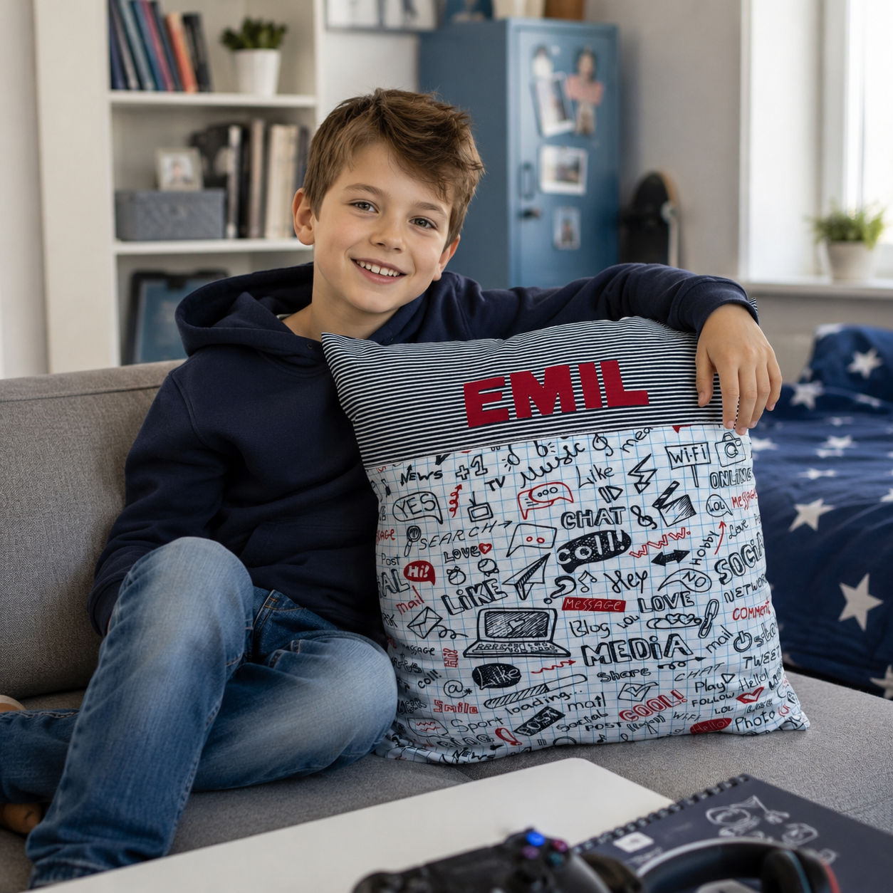 Kissen mit Namen Computerheld – Geschenk zur Einschulung für Jungen