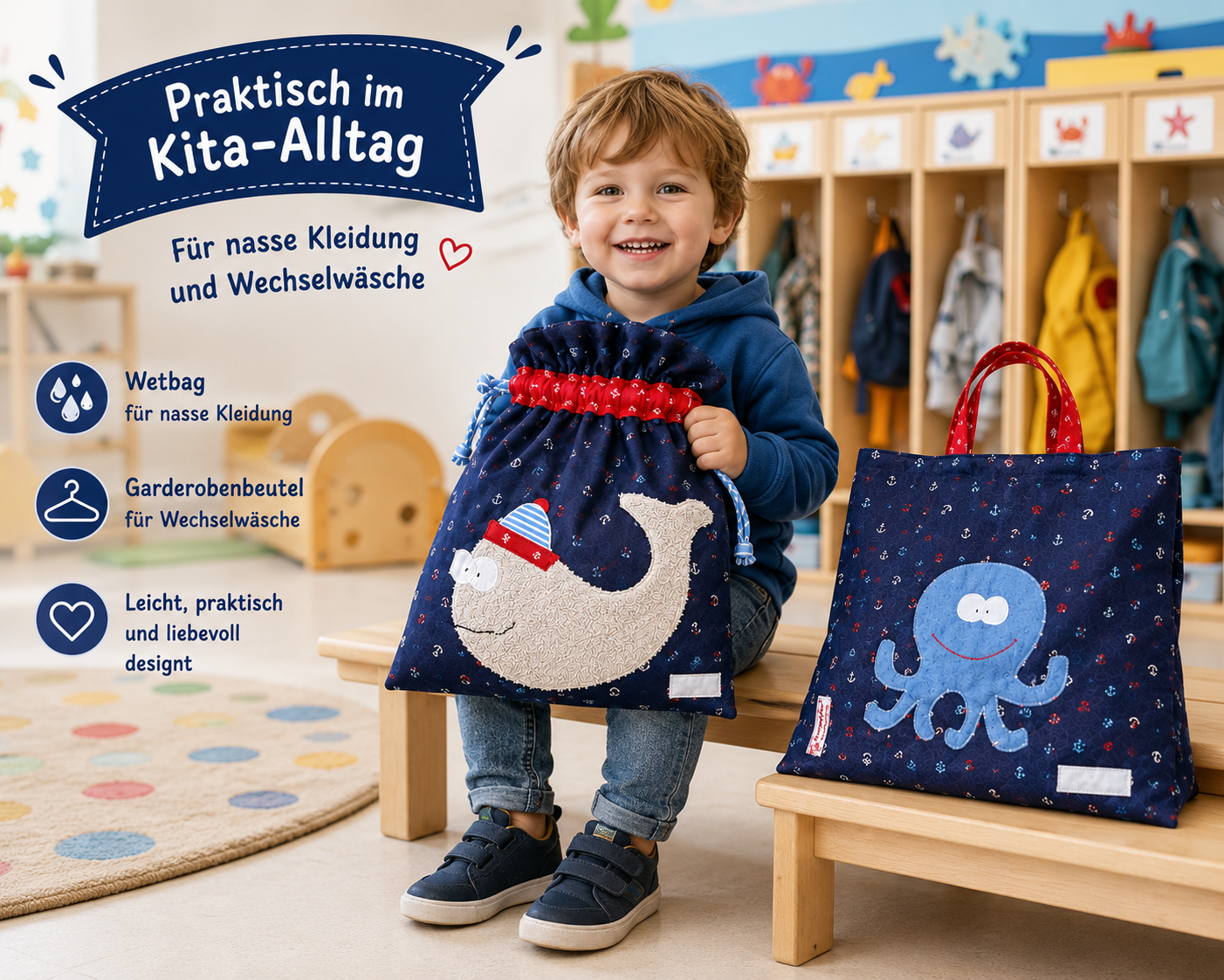 Wetbagset Wal & Tintenfisch | KitaSet mit Wetbag & Garderobenbeutel | personalisierbar