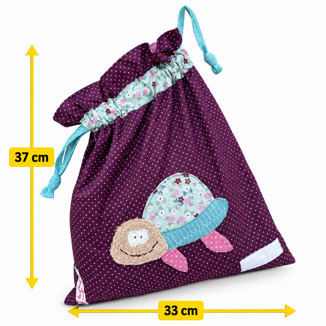 Wetbag lila, Nasstasche Mädchen, Wetbag Schildkröte dunkellila gepunktet mit mintgrün geblümter Schildkröte genäht im 3 D Effekt. Der Kopf ist aus kuscheligem Frottee
Größenangabe: 33x37cm