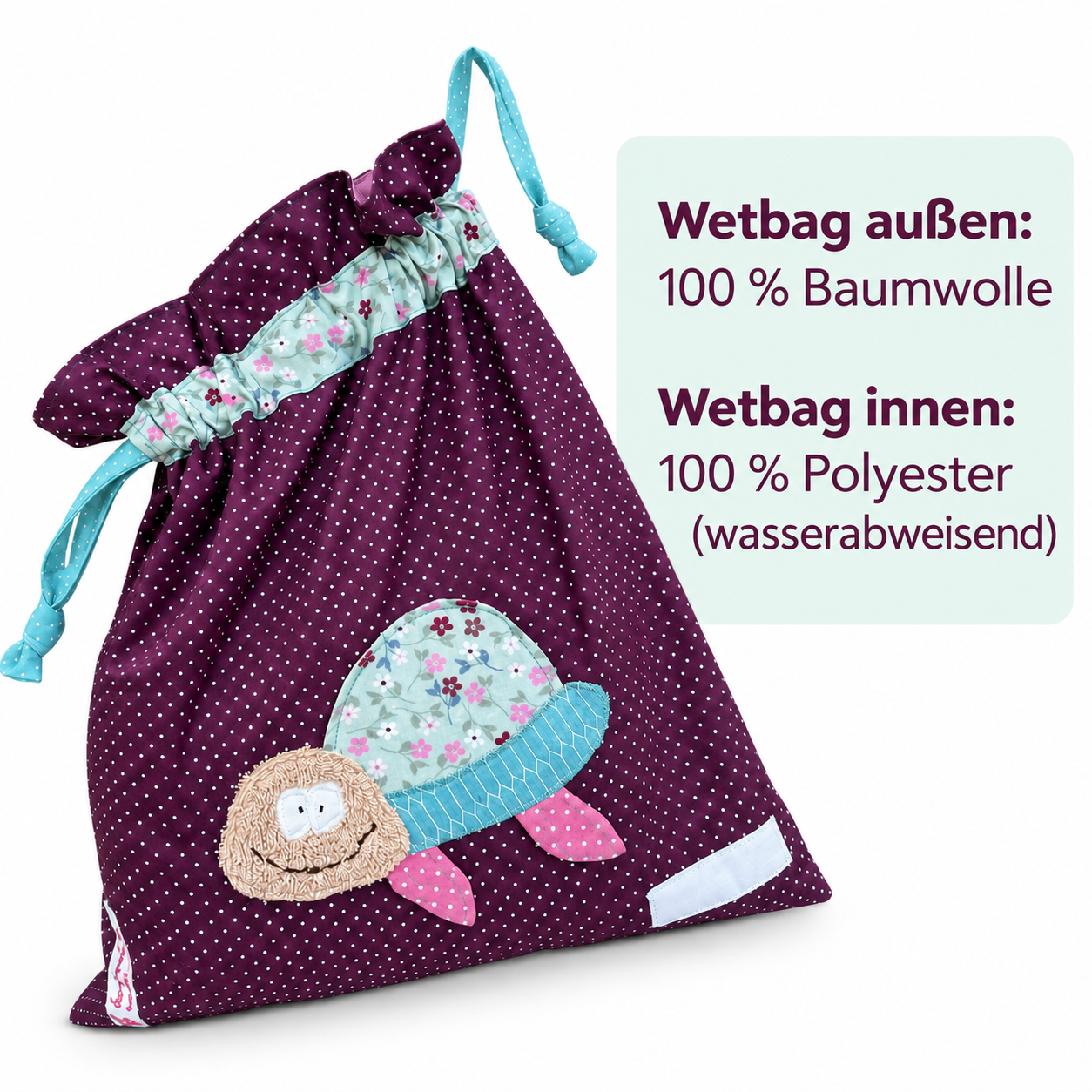 Wetbag lila, Nasstasche Mädchen, Wetbag Schildkröte dunkellila gepunktet mit mintgrün geblümter Schildkröte genäht im 3 D Effekt. Der Kopf ist aus kuscheligem Frottee
Material: außen 100 % Baumwolle, innen 100 % Polyester ( wasserabweisend)