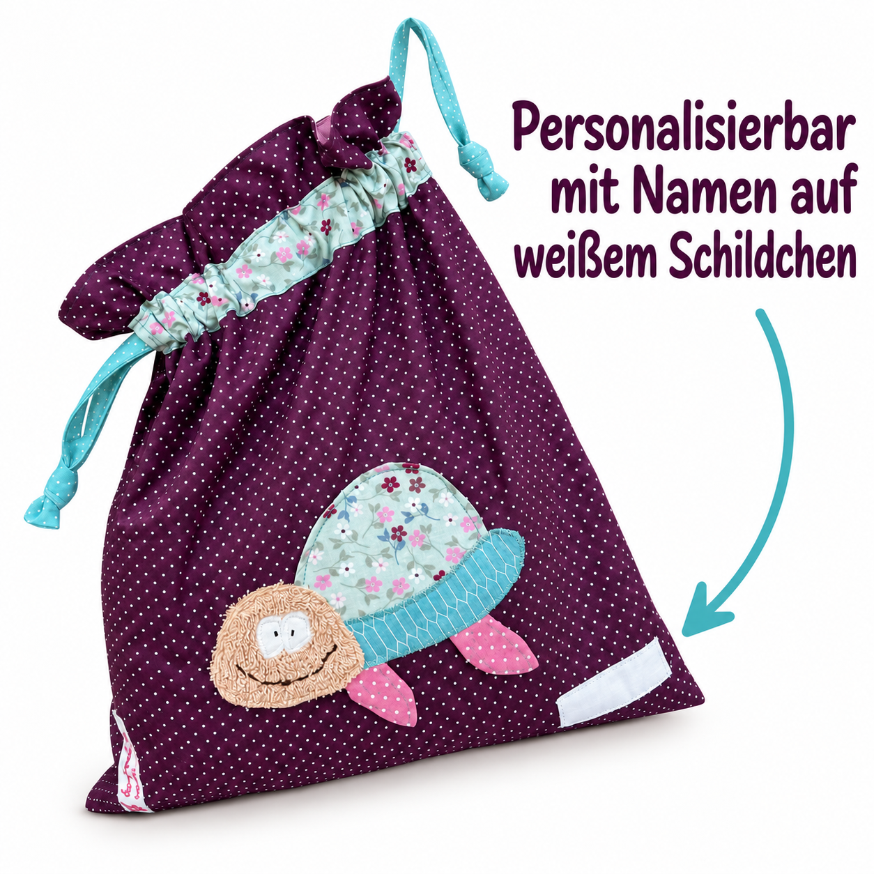 Wetbag lila, Nasstasche Mädchen, Wetbag Schildkröte dunkellila gepunktet mit mintgrün geblümter Schildkröte genäht im 3 D Effekt. Der Kopf ist aus kuscheligem Frottee
Personalisierbar mit Name