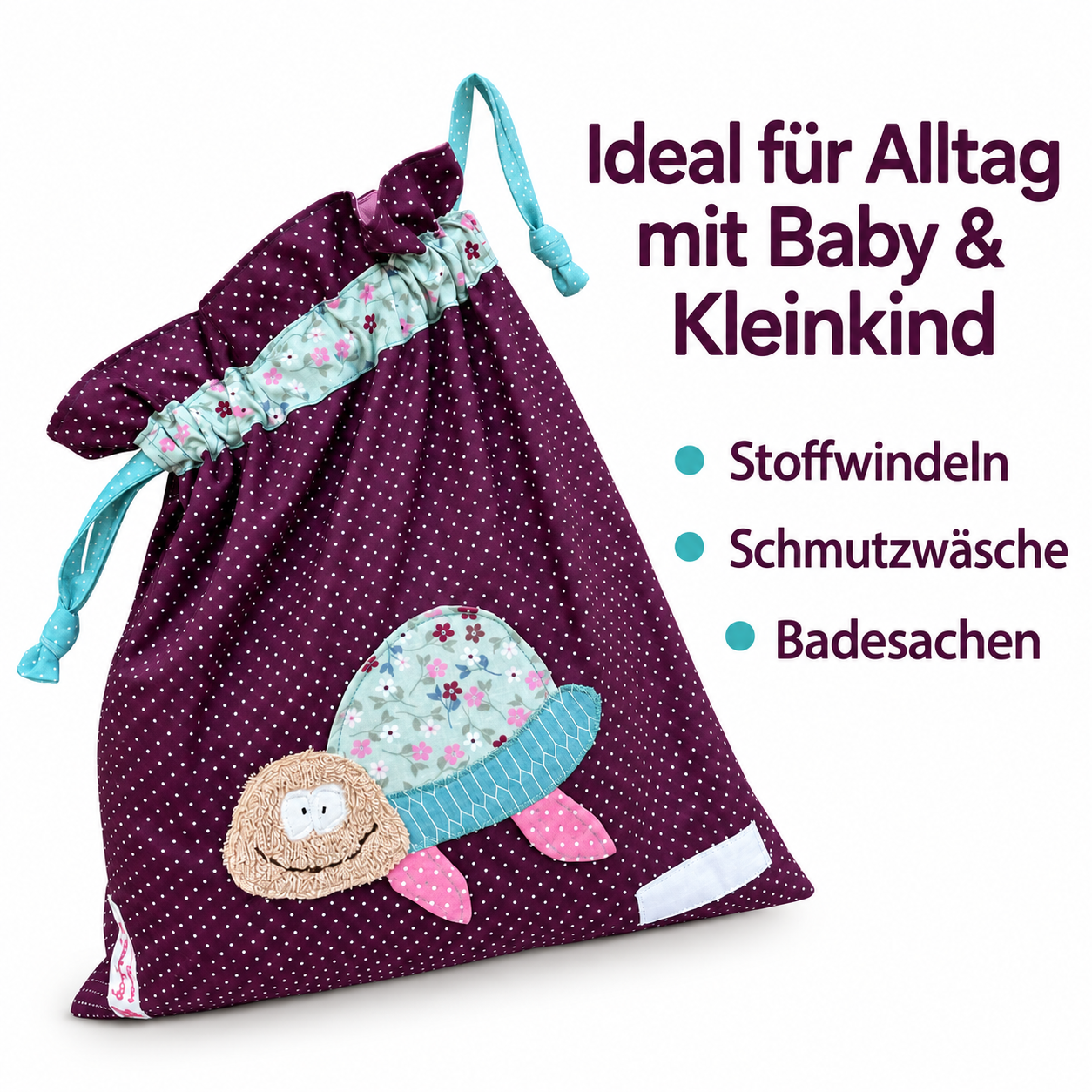 Wetbag lila, Nasstasche Mädchen, Wetbag Schildkröte dunkellila gepunktet mit mintgrün geblümter Schildkröte genäht im 3 D Effekt. Der Kopf ist aus kuscheligem Frottee
Ideal für Alltag mit Baby & Kleinkind