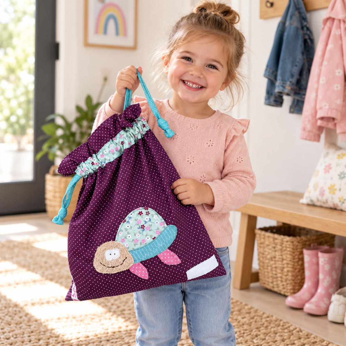 Wetbag lila, Nasstasche Mädchen, Wetbag Schildkröte dunkellila gepunktet mit mintgrün geblümter Schildkröte genäht im 3 D Effekt. Der Kopf ist aus kuscheligem Frottee
Lifestylebild mit einem Mädchen