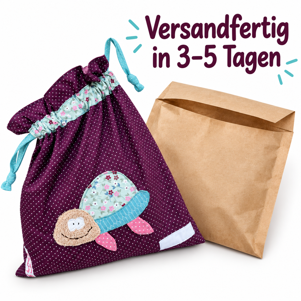 Wetbag lila, Nasstasche Mädchen, Wetbag Schildkröte dunkellila gepunktet mit mintgrün geblümter Schildkröte genäht im 3 D Effekt. Der Kopf ist aus kuscheligem Frottee
Versandfertig in 3-5 Tagen 