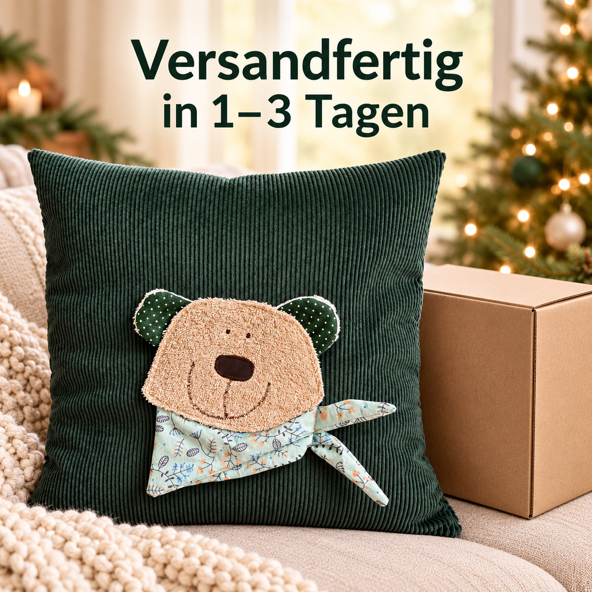 Bärenkissen aus dunkelgrünem Cord | 40 × 40 cm