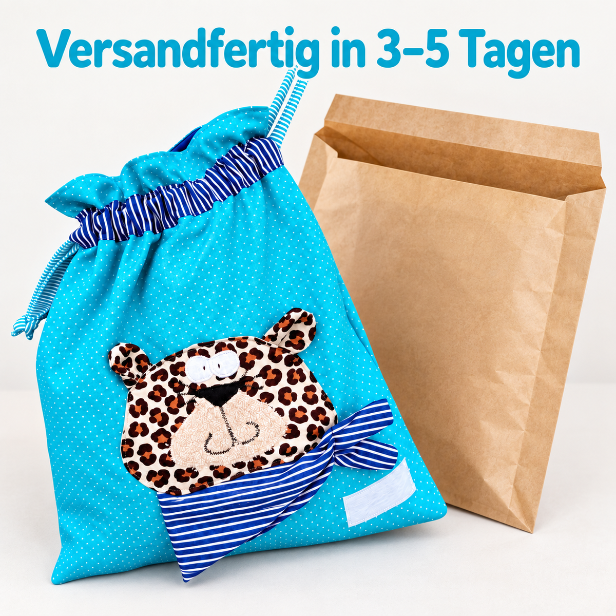 Nasstasche Blau mit Leopard – personalisierbares Geschenk zum 2. Geburtstag