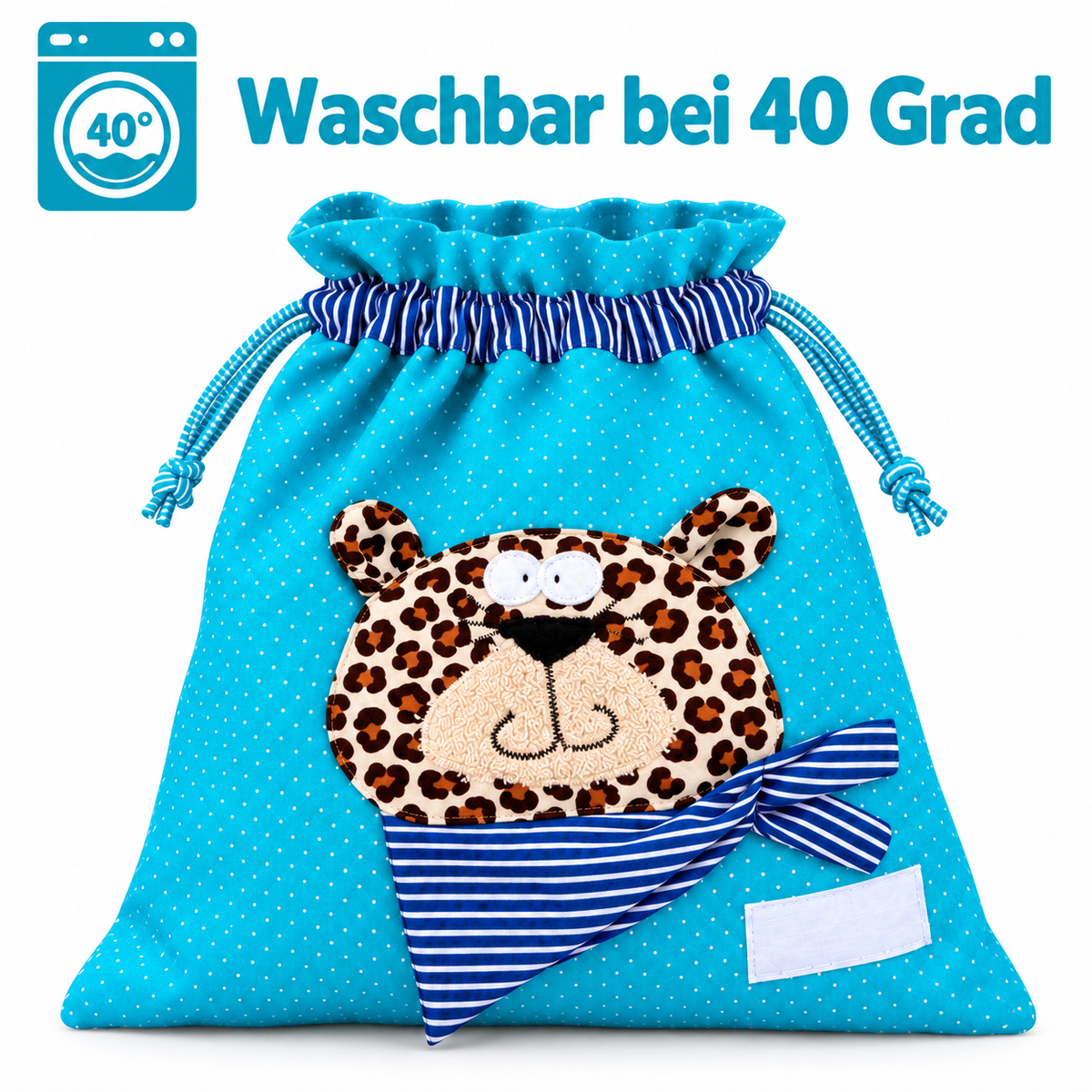 Nasstasche Blau mit Leopard – personalisierbares Geschenk zum 2. Geburtstag