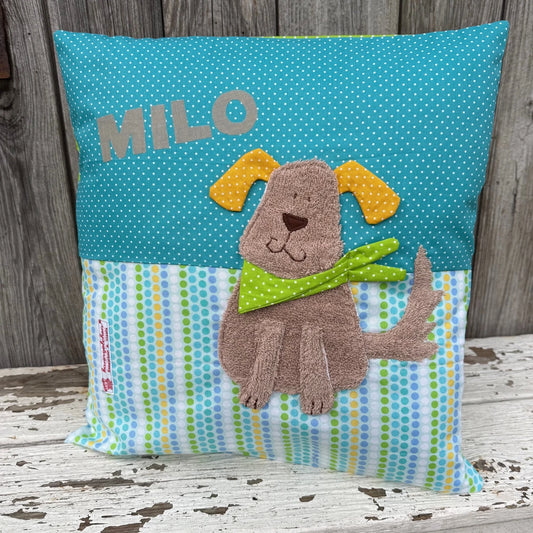 Kuschelkissen mit Namen – Hundemotiv | Personalisiertes Geschenk Baby