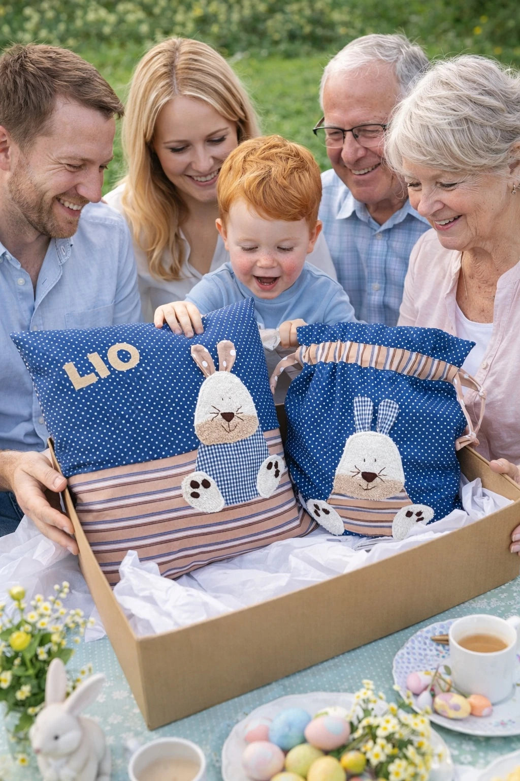 Kita-Set Hase blau/hellbraun mit Namen – Handmade Geschenk zum Kindergartenstart