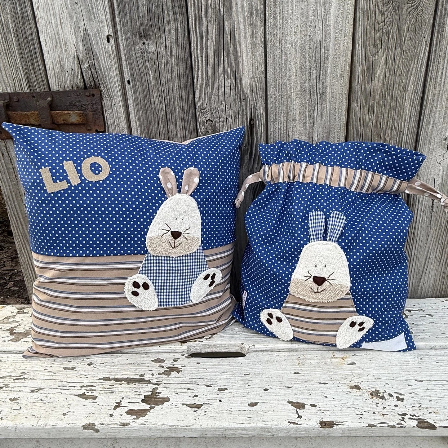 Kita-Set Hase blau/hellbraun mit Namen – Handmade Geschenk zum Kindergartenstart