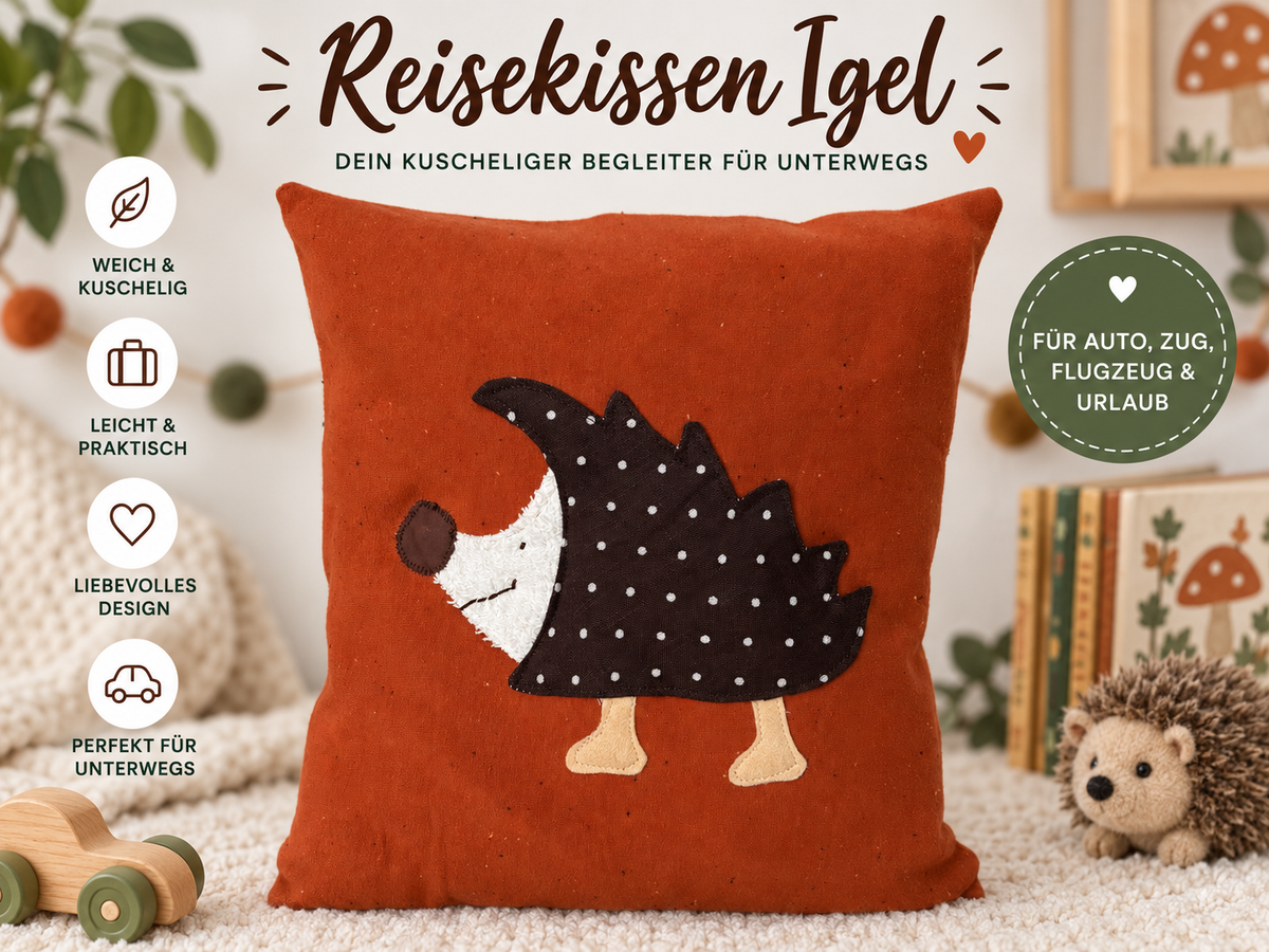 Reisekissen für Kinder, Kinderkissen Igel in rostorange mit applizierten braun gepunkteten Igel
