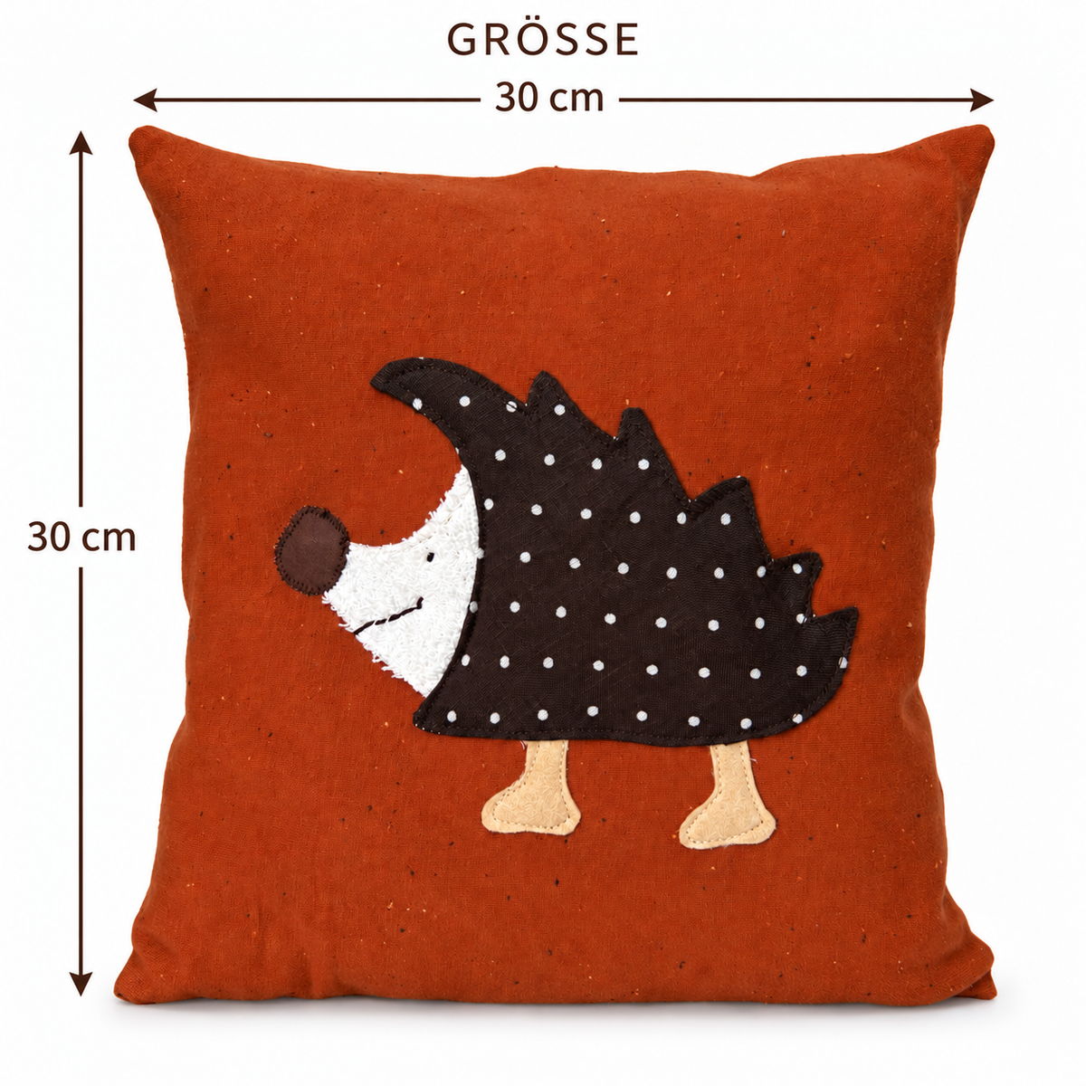 Reisekissen für Kinder, Kinderkissen Igel in rostorange mit applizierten braun gepunkteten Igel, Größe 30x30 cm