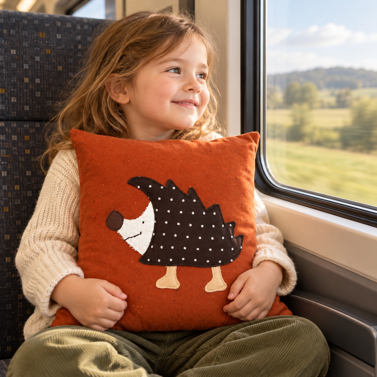 Reisekissen für Kinder, Kinderkissen Igel in rostorange mit applizierten braun gepunkteten Igel, Lifestylebild mit einem Kind