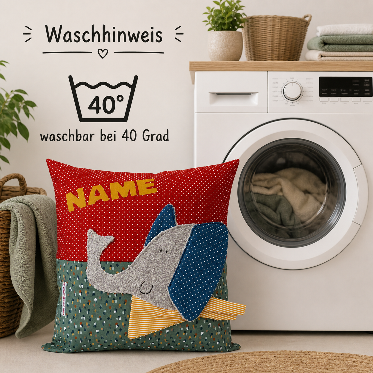 Personalisiertes Kinderkissen mit Elefant und Namen, Rost rot gepunkteter Baumwollstoff und Salbei getupften Baumwollstoff mit 3D-Frottee-Applikation in Blau und Grau, handgemacht.
Waschbar bei 40 Grad