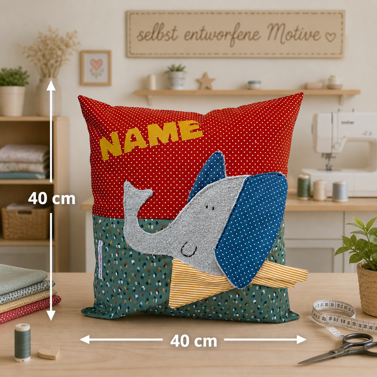 Personalisiertes Kinderkissen mit Elefant und Namen, Rost rot gepunkteter Baumwollstoff und Salbei getupften Baumwollstoff mit 3D-Frottee-Applikation in Blau und Grau, handgemacht.
Größenangabe 40x40cm