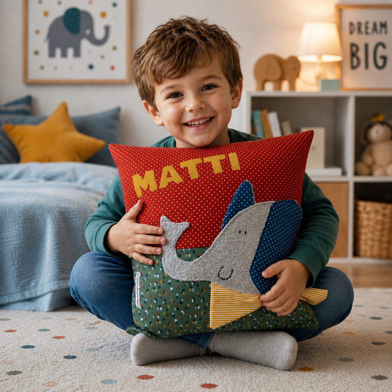 Personalisiertes Kinderkissen mit Elefant und Namen, Rost rot gepunkteter Baumwollstoff und Salbei getupften Baumwollstoff mit 3D-Frottee-Applikation in Blau und Grau, handgemacht.