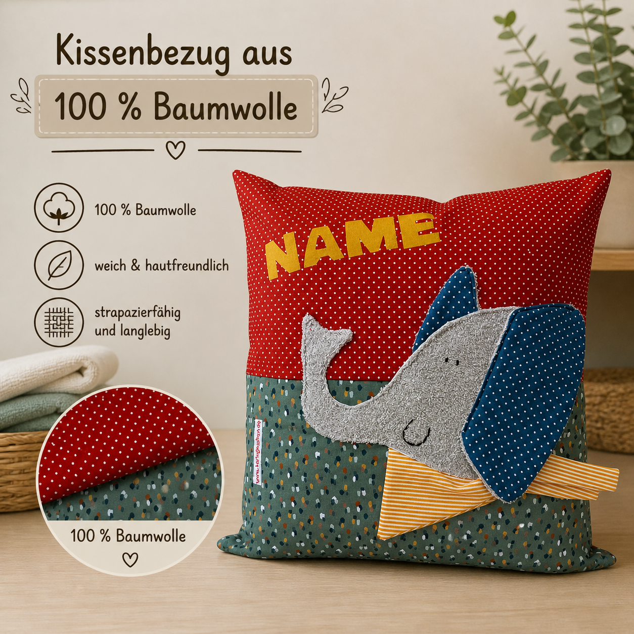 Personalisiertes Kinderkissen mit Elefant und Namen, Rost rot gepunkteter Baumwollstoff und Salbei getupften Baumwollstoff mit 3D-Frottee-Applikation in Blau und Grau, handgemacht.
