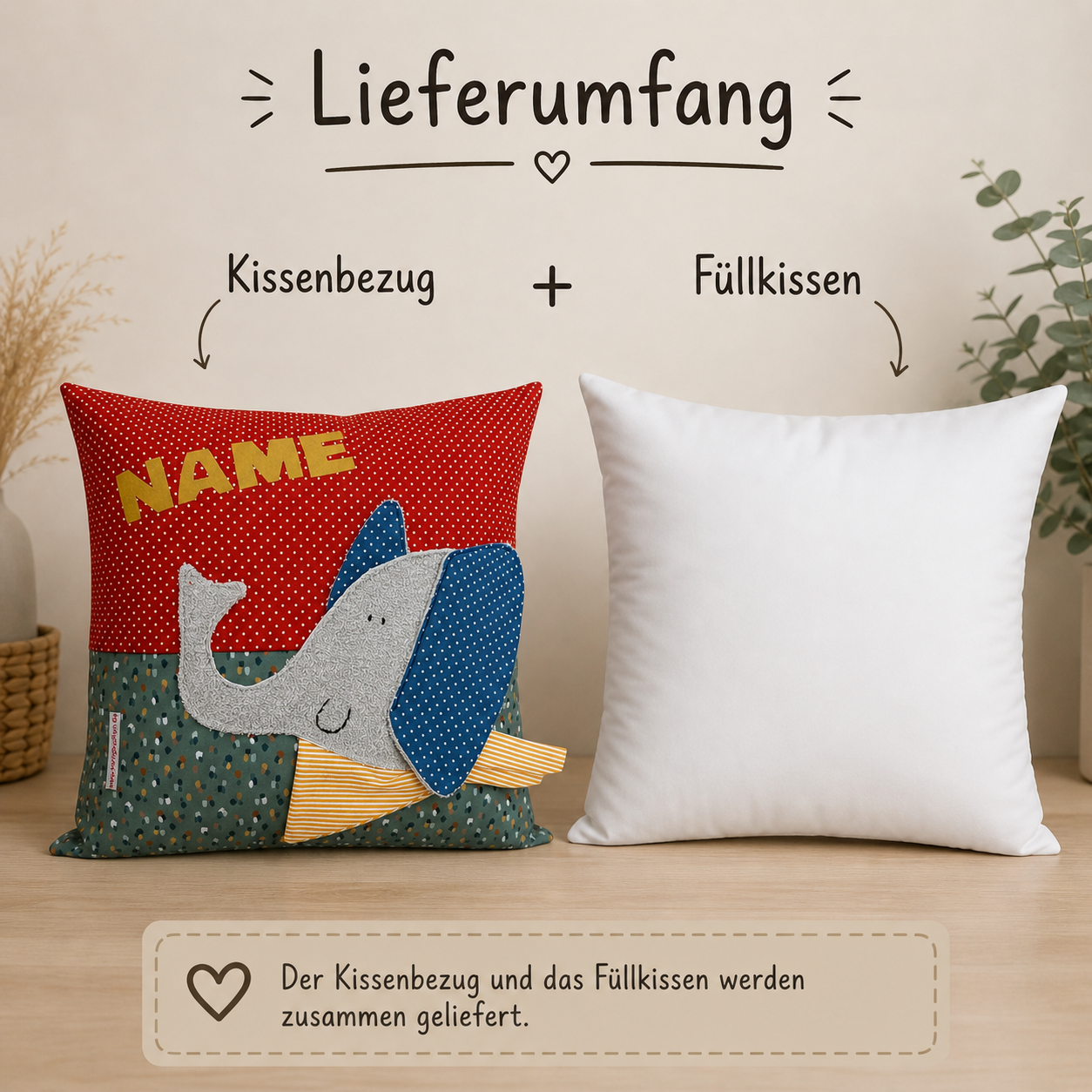 Personalisiertes Kinderkissen mit Elefant und Namen, Rost rot gepunkteter Baumwollstoff und Salbei getupften Baumwollstoff mit 3D-Frottee-Applikation in Blau und Grau, handgemacht.
Lieferumfang Kissenbezug + Füllkissen 