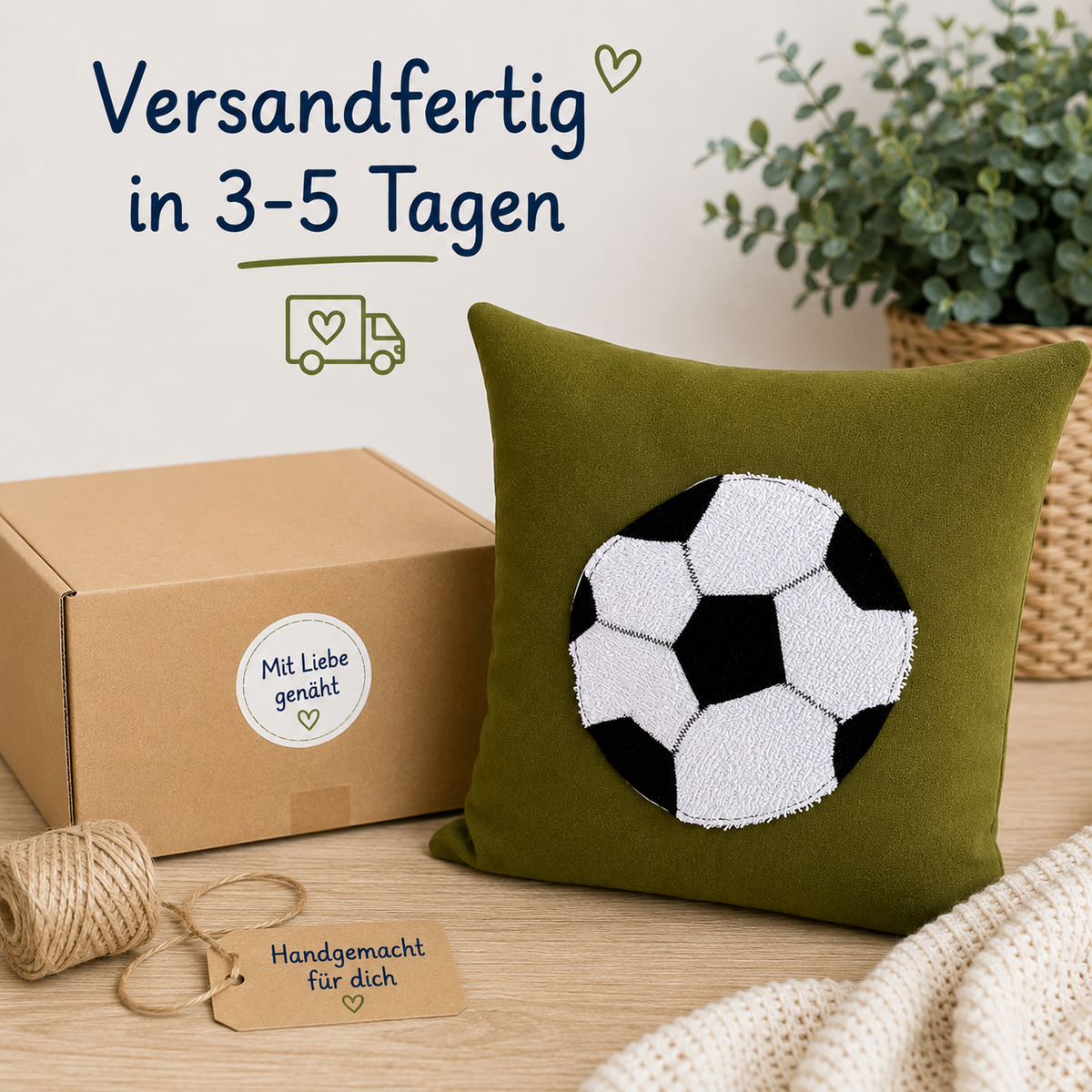 Kissen Fußball, Reisekissen Junge, Reisekissen für Kinder in grünem Sweat mit flauschig appliziertem Fußball 
Versandfertig in 3-5 Tagen 