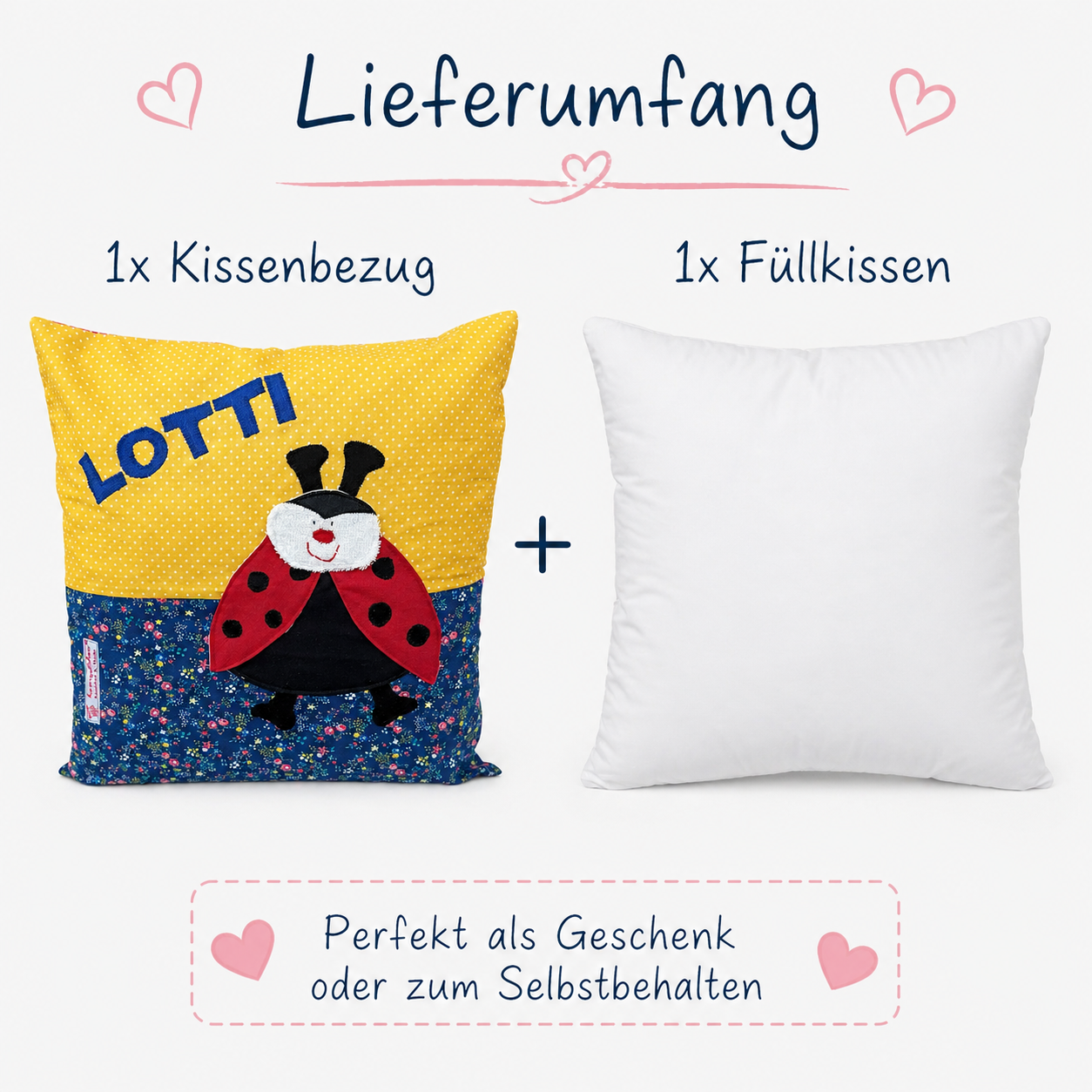 Kuschelkissen personalisiert Marienkäfer auf gelb gepunktet und blau geblümtem Baumwollstoff , Lieferumfang Kissenbezug + Füllkissen 