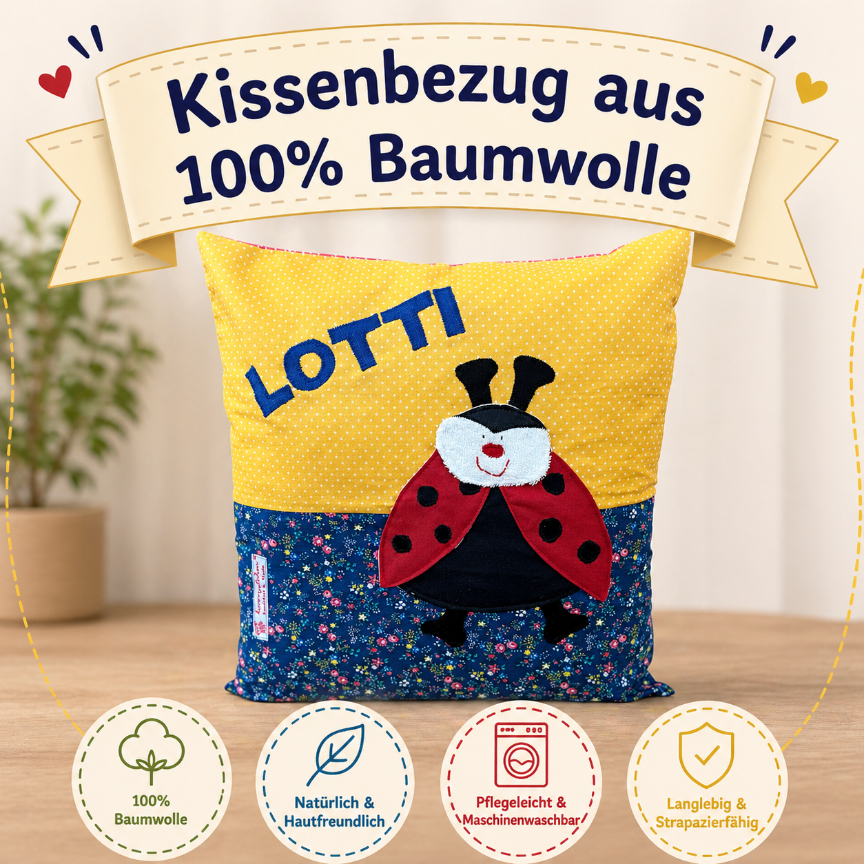 Kuschelkissen personalisiert Marienkäfer auf gelb gepunktet und blau geblümtem Baumwollstoff , Material: 100 % Baumwolle 