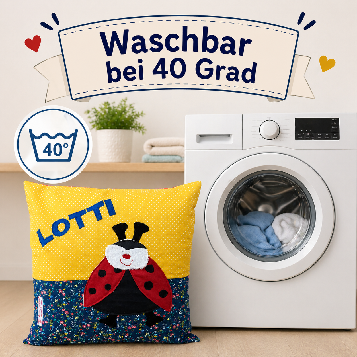 Kuschelkissen personalisiert Marienkäfer auf gelb gepunktet und blau geblümtem Baumwollstoff , Waschhinweis: waschbar bei 40 Grad